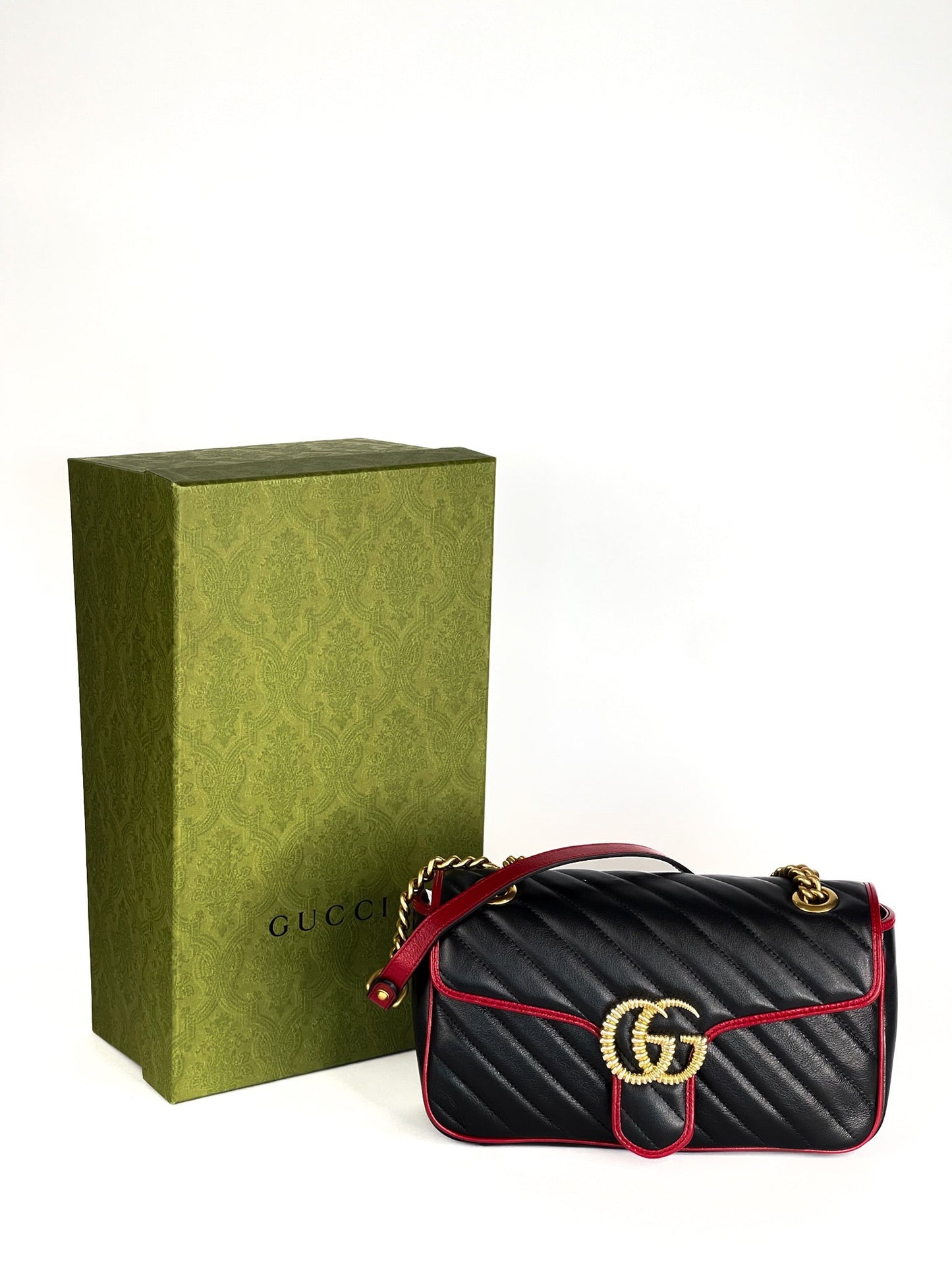 Gucci Calfskin Matelasse Diagonal Small Torchon GG Marmont Shoulder Bag Black Romantic Cherry