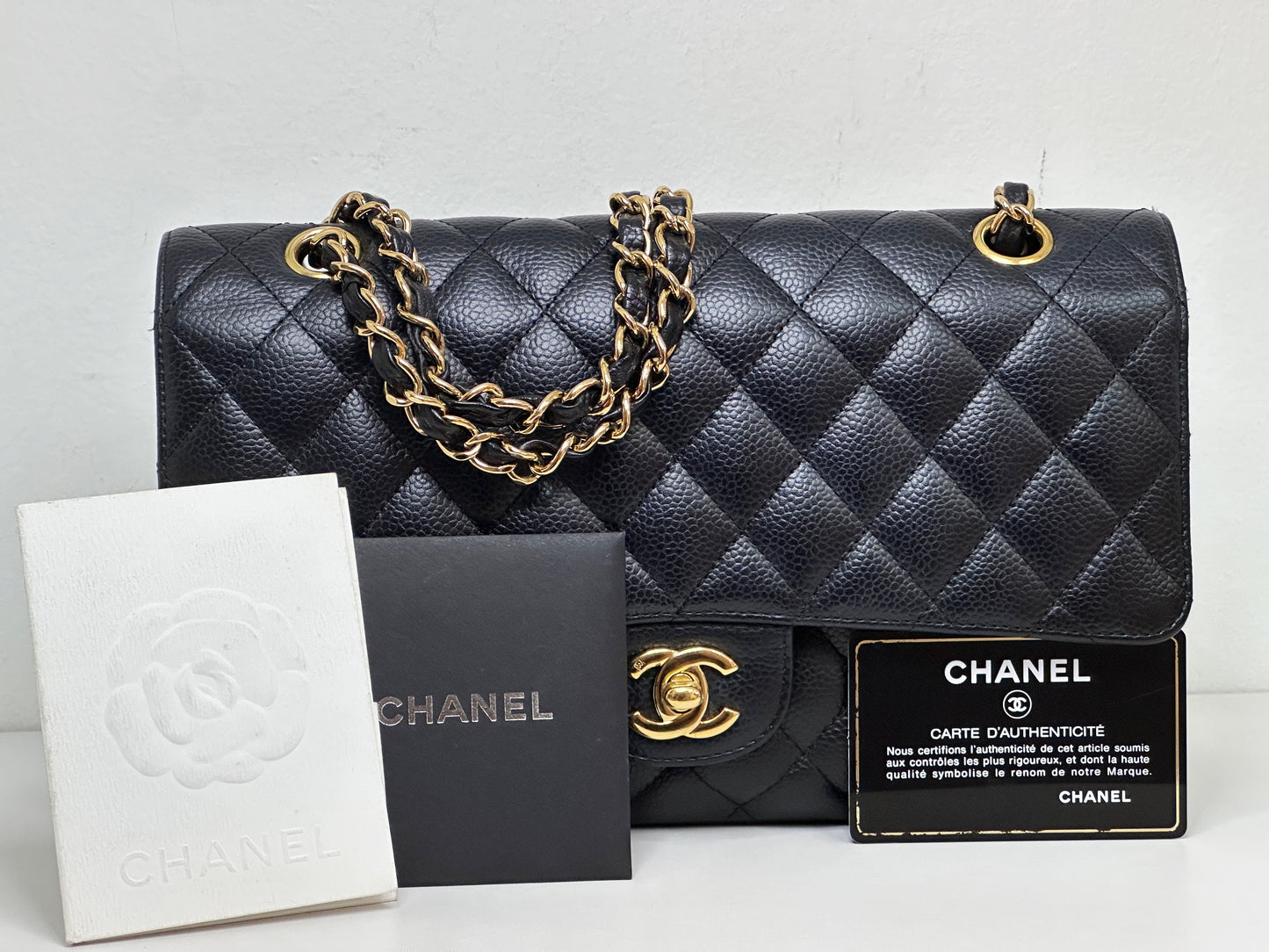 Chanel Medium Size Classic Quilted Caviar Double Flap Bag Black 1184 holo card