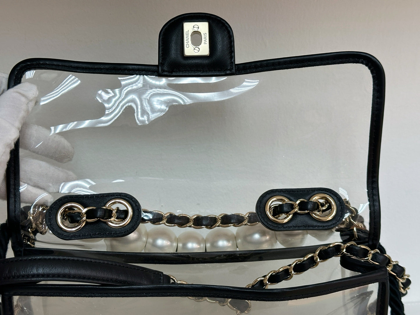 Chanel Medium Lambskin CoCo Sand PVC Sand By The Sea Flap With Pearl Strap Black 2745 holo card