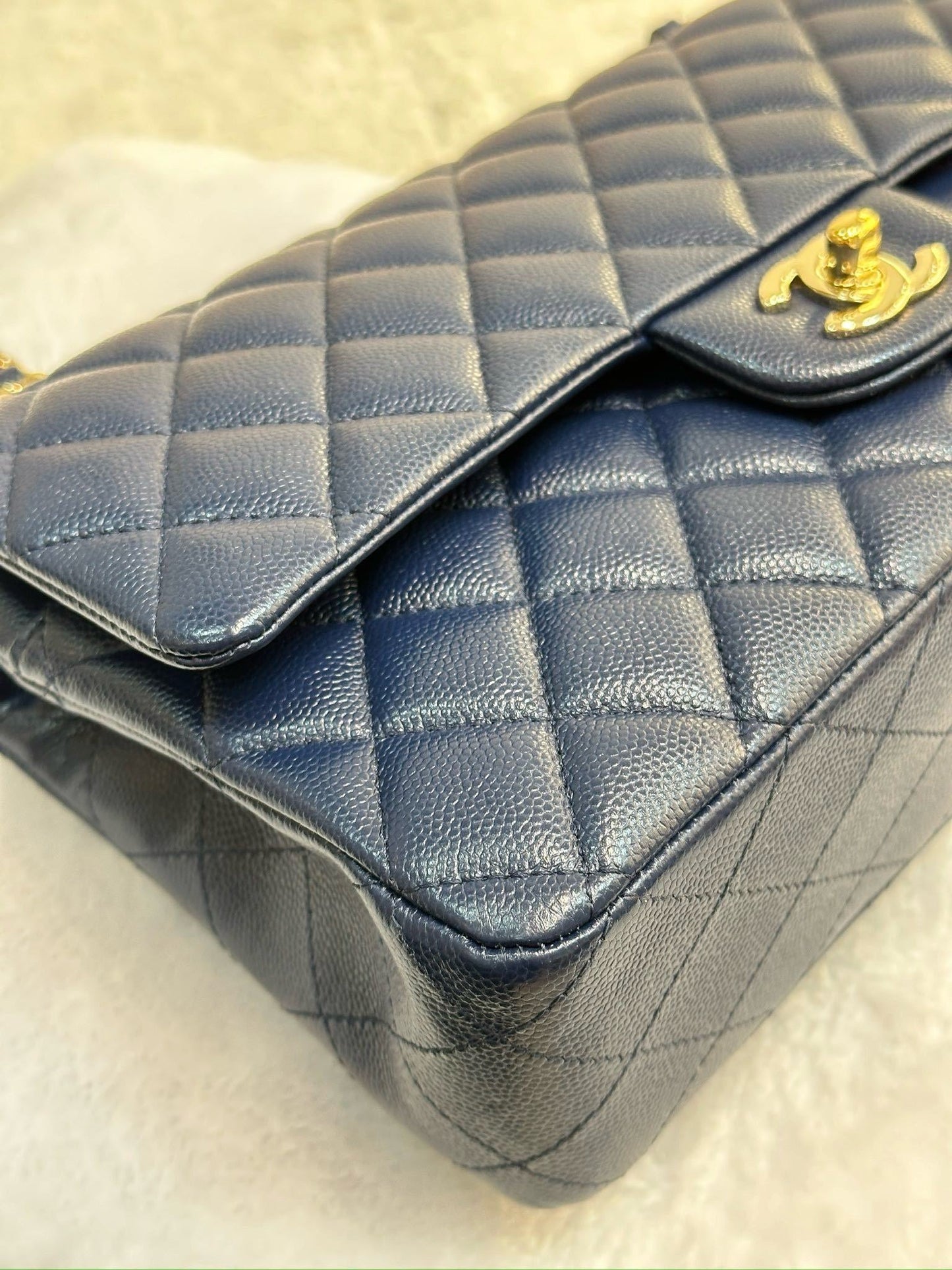 Chanel Medium Classic Caviar Double Flap Navy Blue Bag LGHW