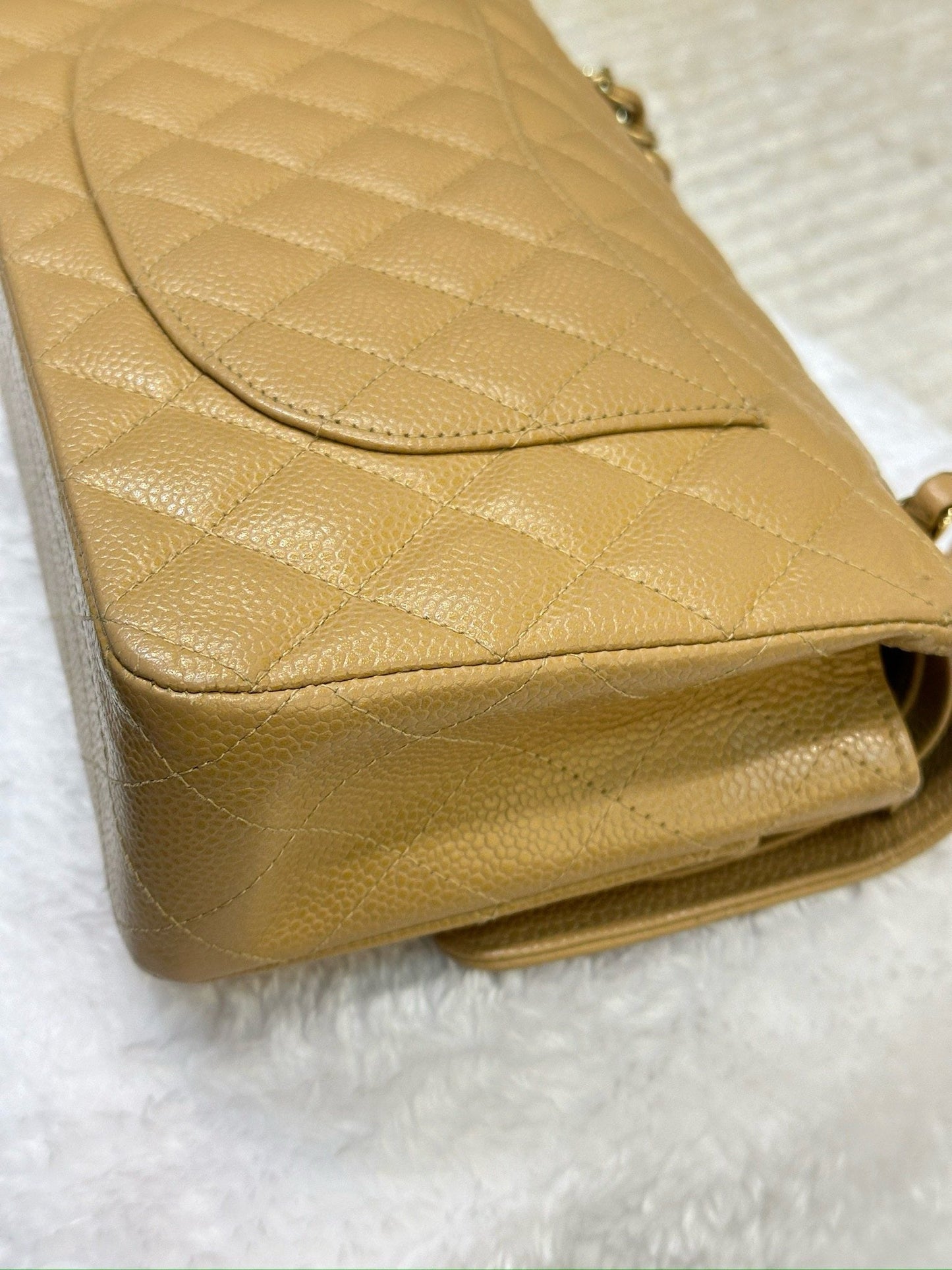 Chanel Medium Caviar Quilted Double Flap Beige Bag 866 Holo
