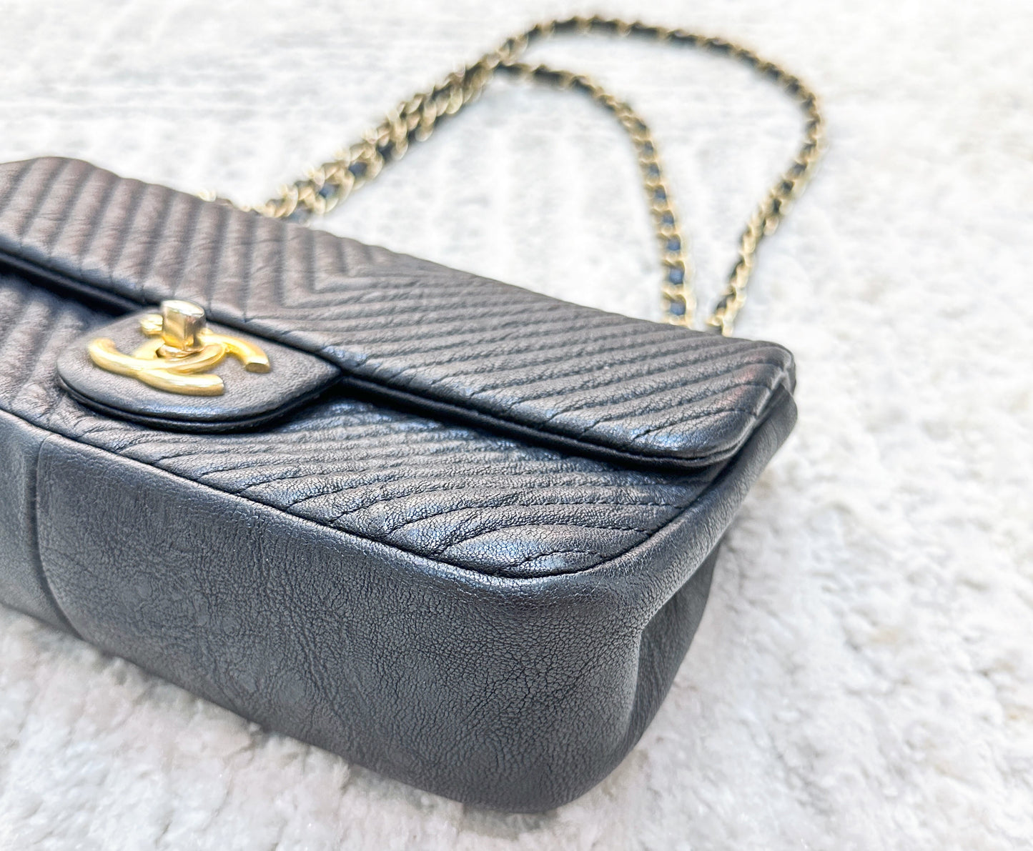 Chanel Black Chevron Leather Small Classic Flap Bag