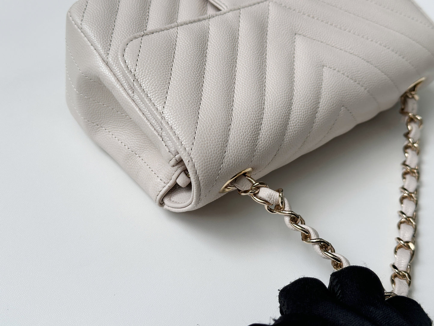 Chanel Mini Rectangle Chevron Blush Hue Light Beige Flap Bag LGHW 2644 holo card