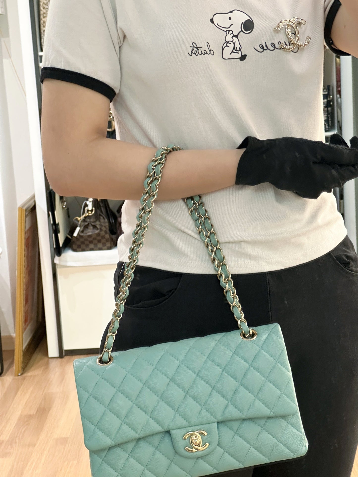 Chanel Classic Flap Medium 20C Tiffany Blue Caviar Light Gold Hardware 2943 holo card