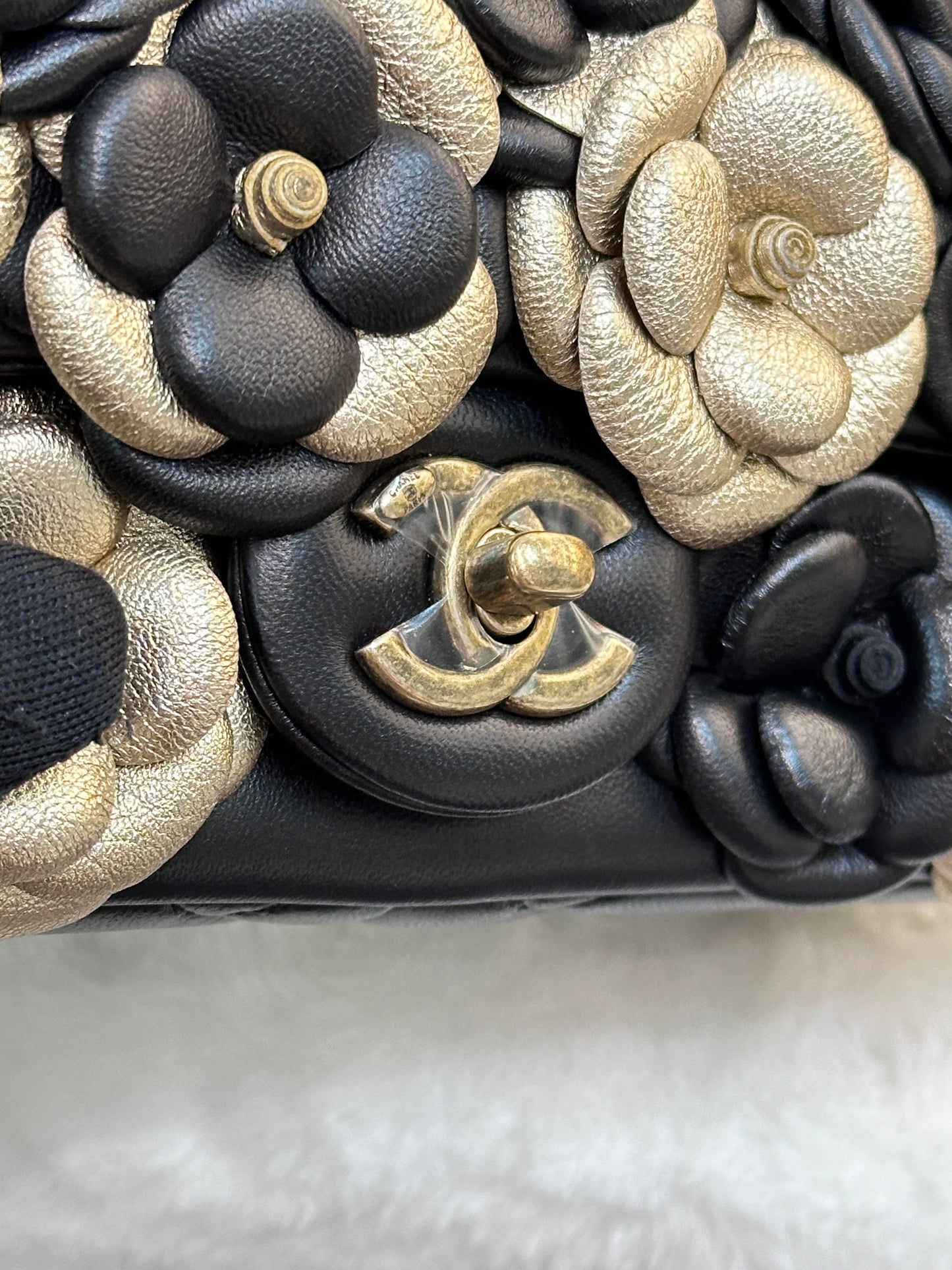 Chanel Mini Metallic Lambskin Quilted Camellia Flap Bag Black Gold