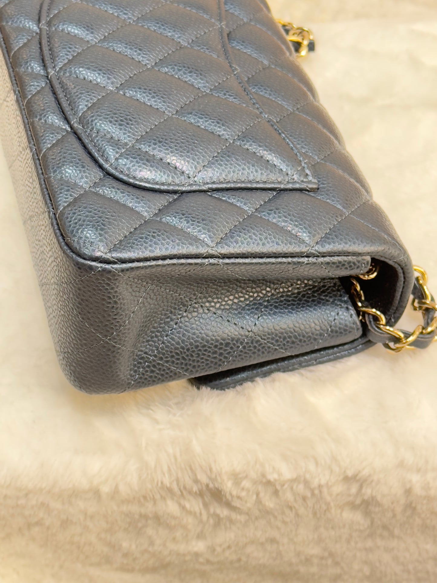 CHANEL Pearly Caviar Quilted Mini Rectangular Flap Navy Blue 18S