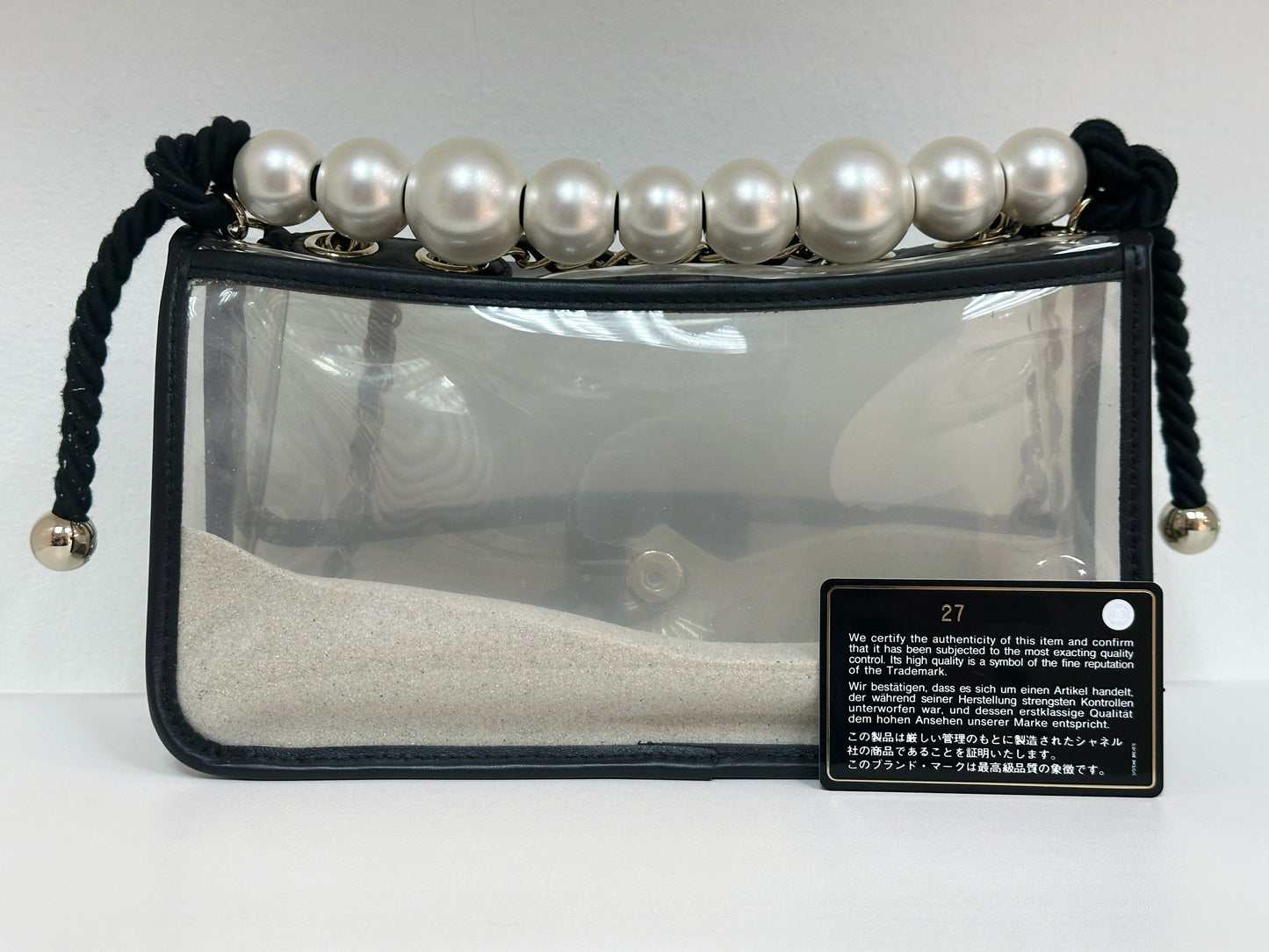 Chanel Medium Lambskin CoCo Sand PVC Sand By The Sea Flap With Pearl Strap Black 2745 holo card