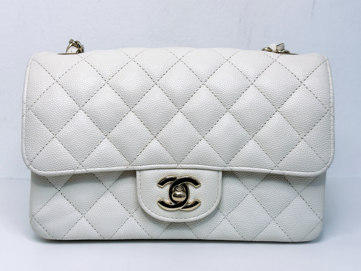 Chanel Mini Rectangular Caviar Classic White GHW 2382 holo card