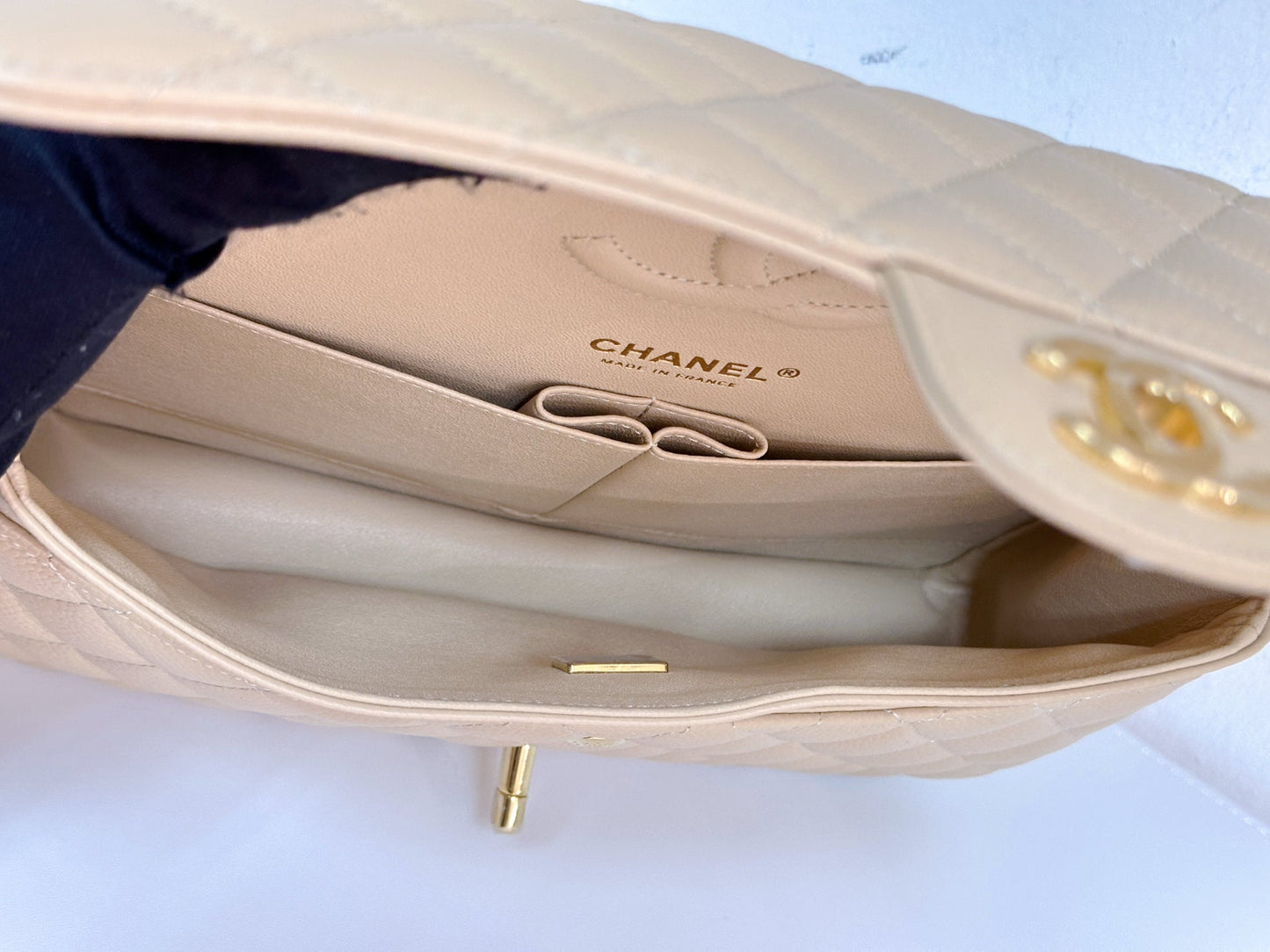 Chanel Medium Beige Classic Caviar Double Flap Bag GHW Microchip Singapore local Receipt