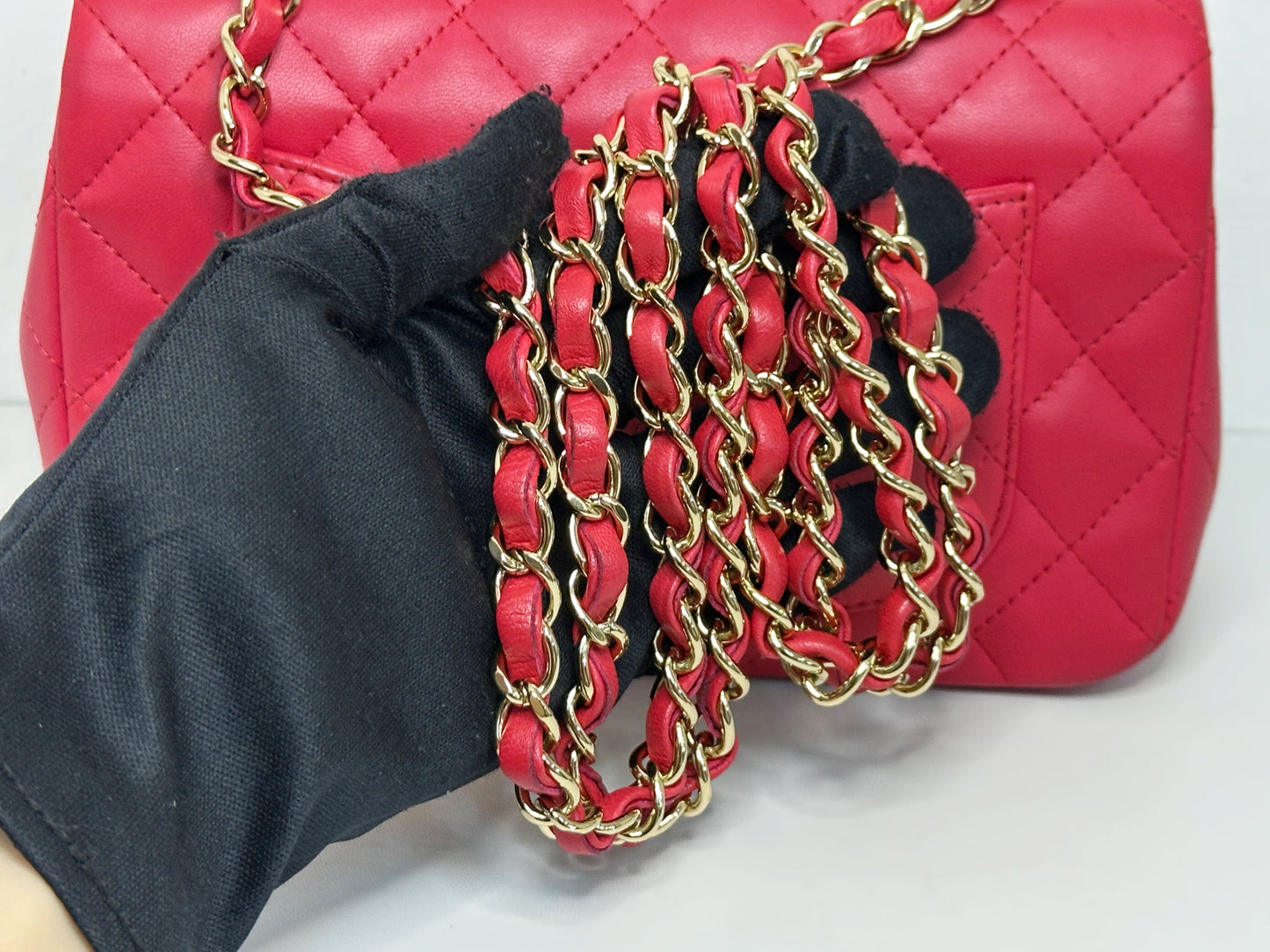 CHANEL Lambskin Quilted Mini Rectangular Flap Red 2491 holo card