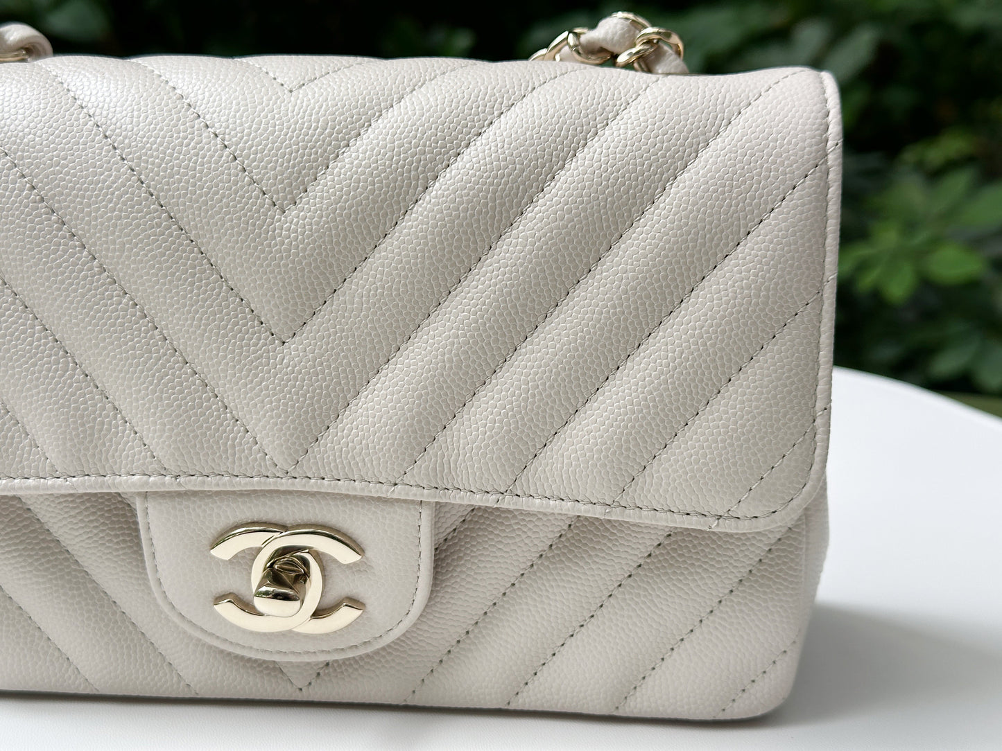 Chanel Mini Rectangle Chevron Blush Hue Light Beige Flap Bag LGHW 2644 holo card
