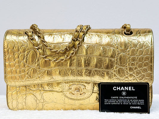 Chanel 19A Medium Calfskin Crocodile Embossed Gold Metallic Flap Bag 2803 holo card