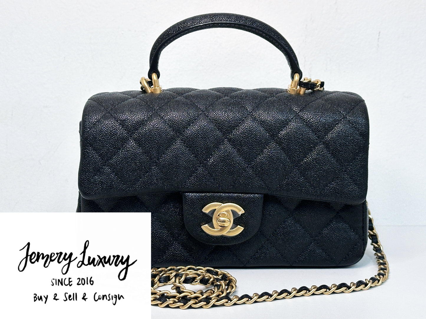 Chanel Mini Rectangular Top Handle Flap Bag Black Caviar GHW 3126 holo card