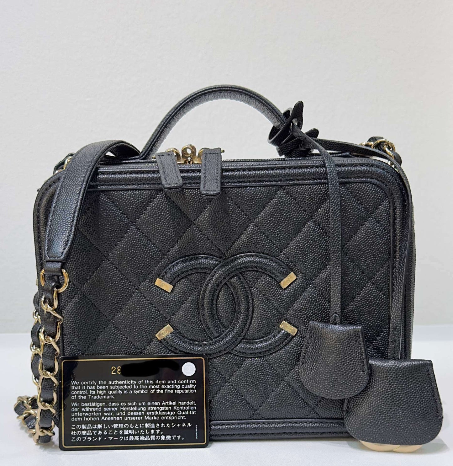 Chanel Medium Filigree Vanity Case Quilted Caviar Black GHW 2899 holo card