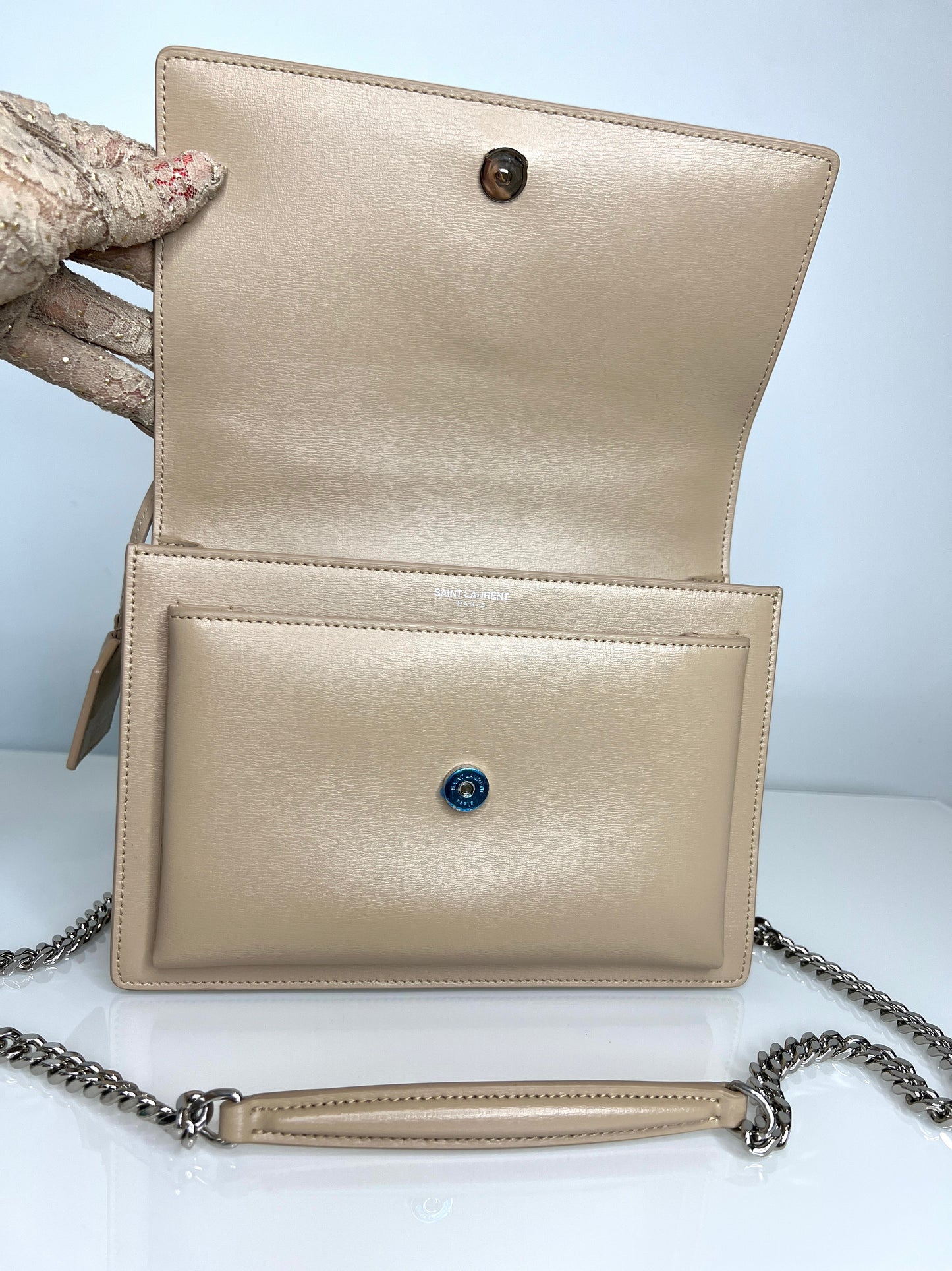 Saint Laurent YSL Sunset Medium Beige Chain Crossbody Shoulder Bag