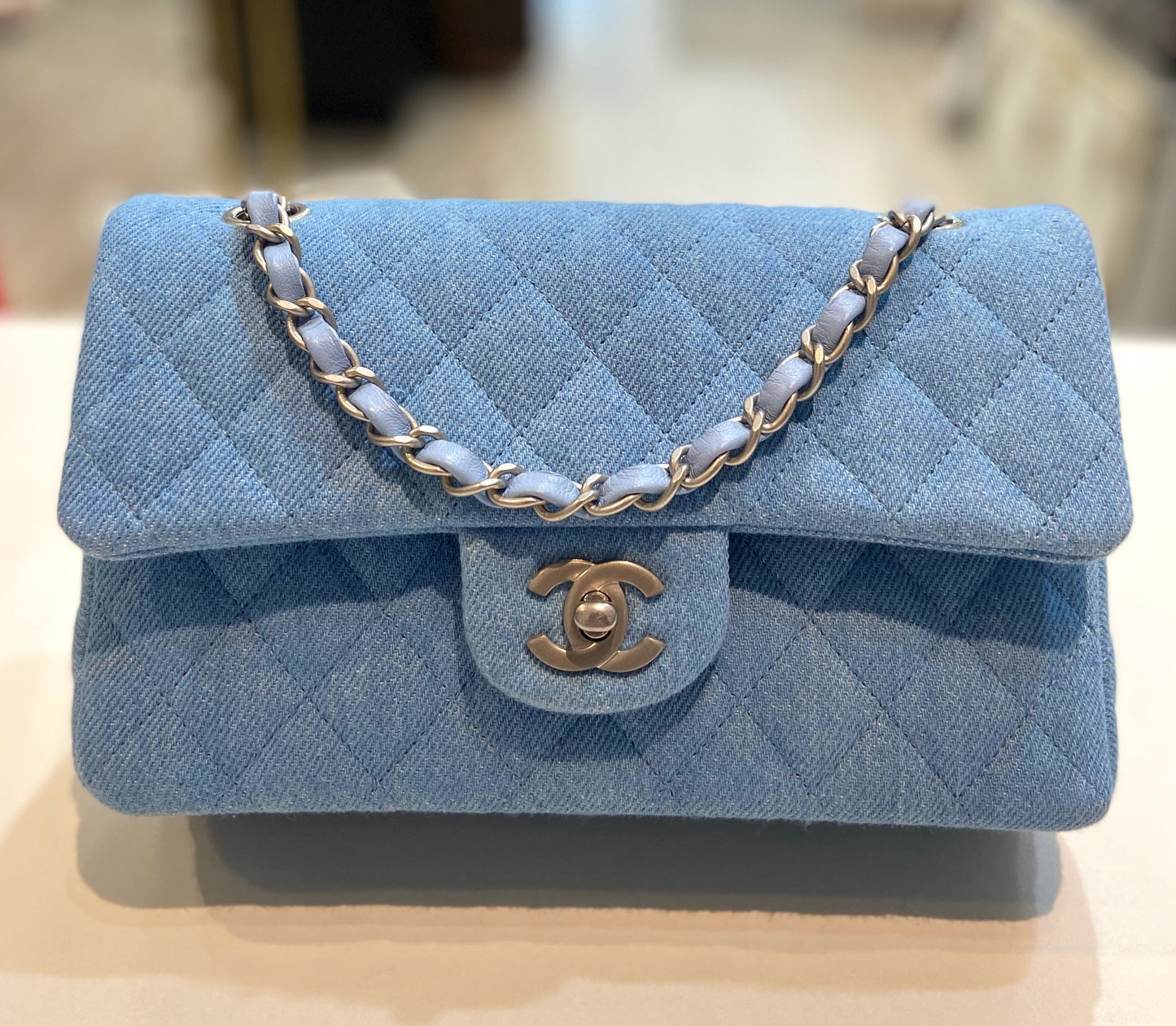 CHANEL QUILTED DENIM MEDIUM CLASSIC DOUBLE FLAP BAG