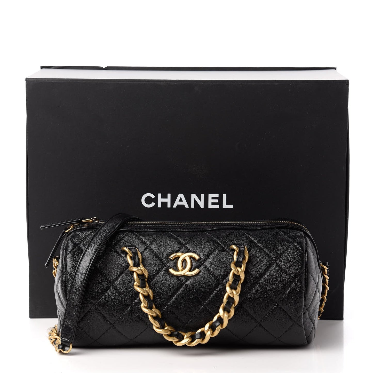 CHANEL CC SHINY QUILTED LAMBSKIN MINI BOWLING BAG