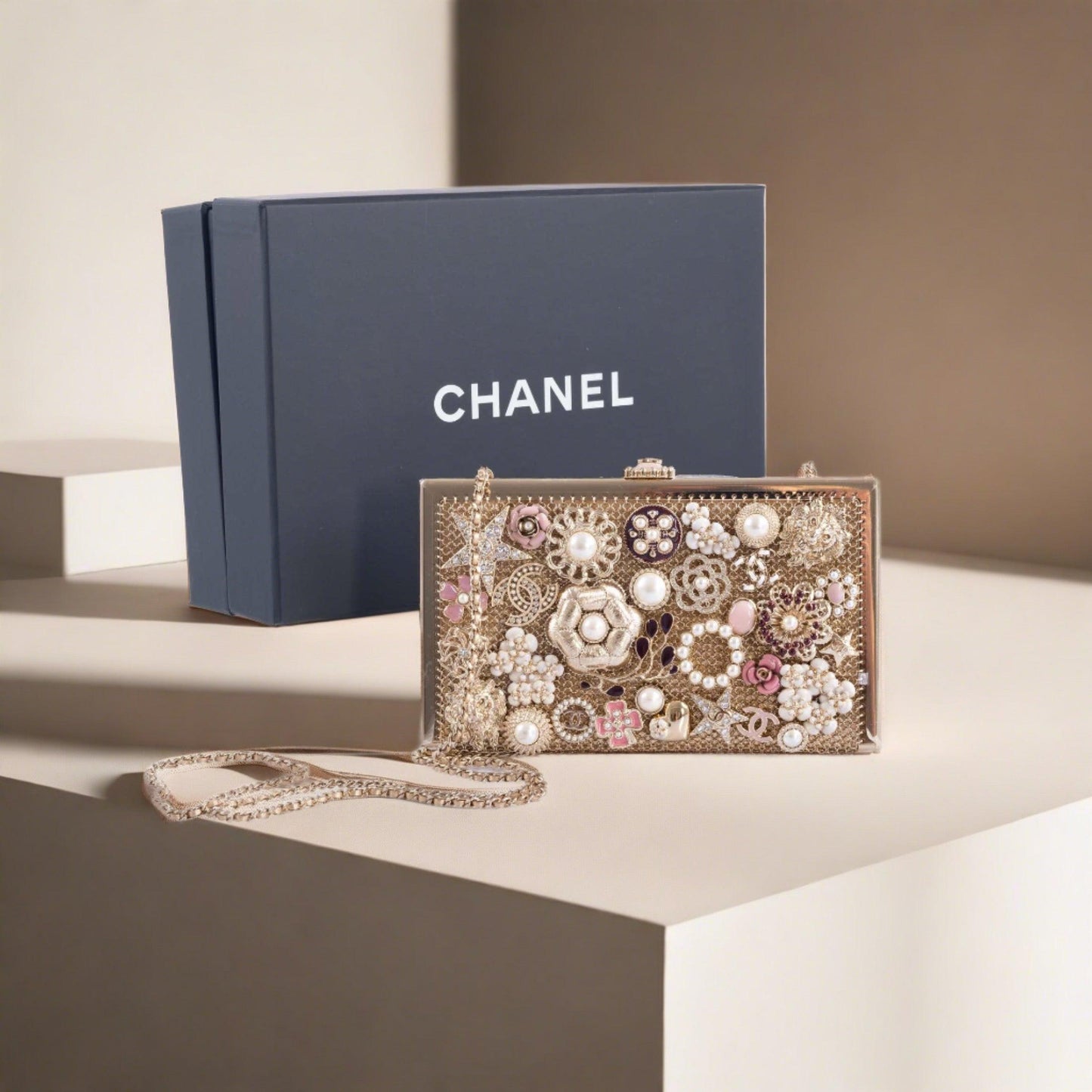 Chanel CC Camellia Charm Bag Pearls and Pink Enamel with Gold Hardware