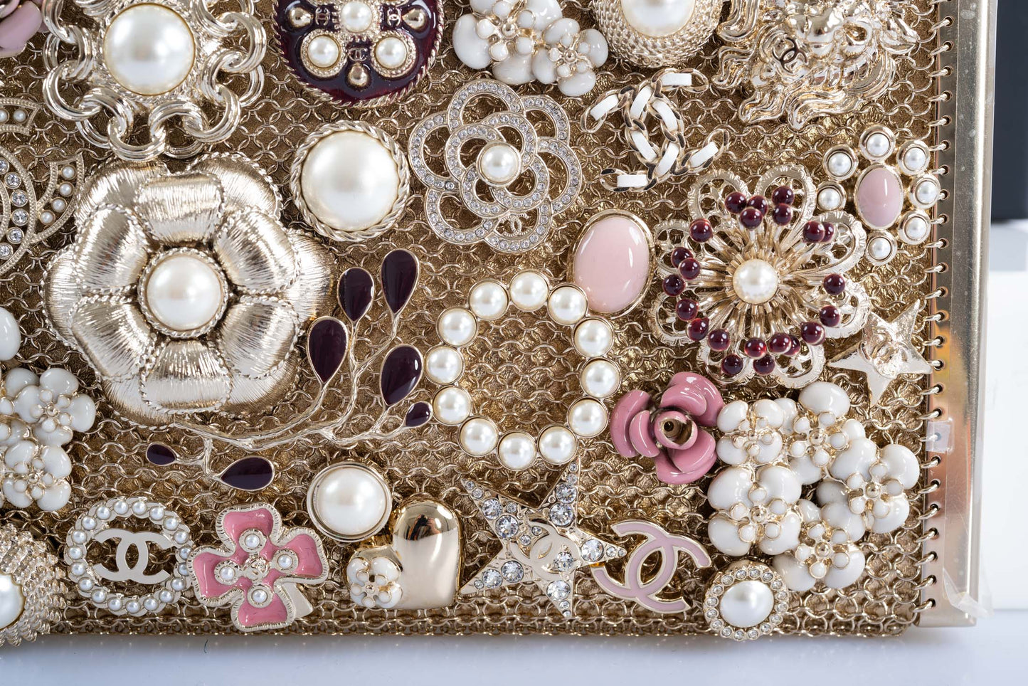 Chanel CC Camellia Charm Bag Pearls and Pink Enamel with Gold Hardware