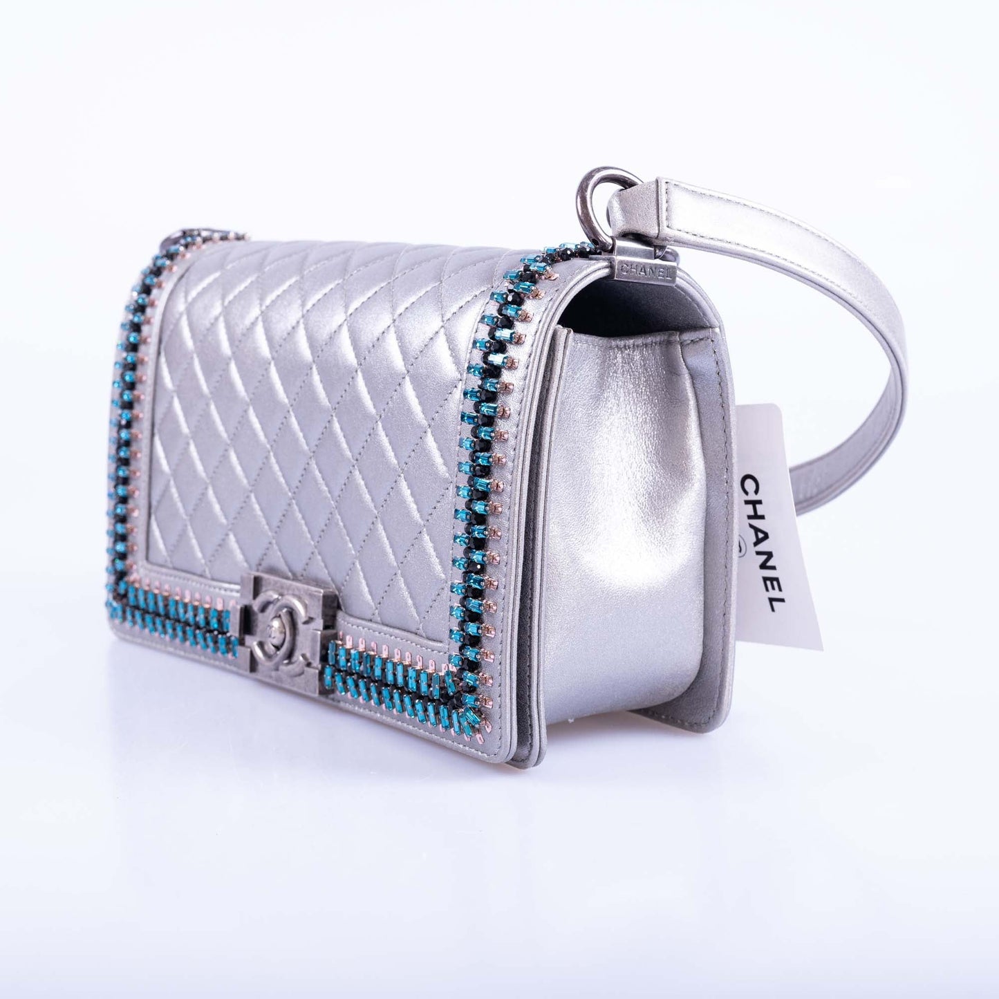 Chanel Medium Boy Flapbag Metallic Silver with Swarovski Crystals