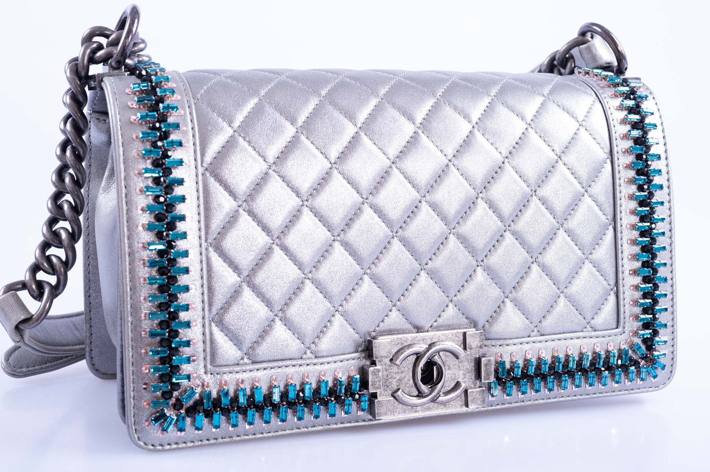 Chanel Medium Boy Flapbag Metallic Silver with Swarovski Crystals