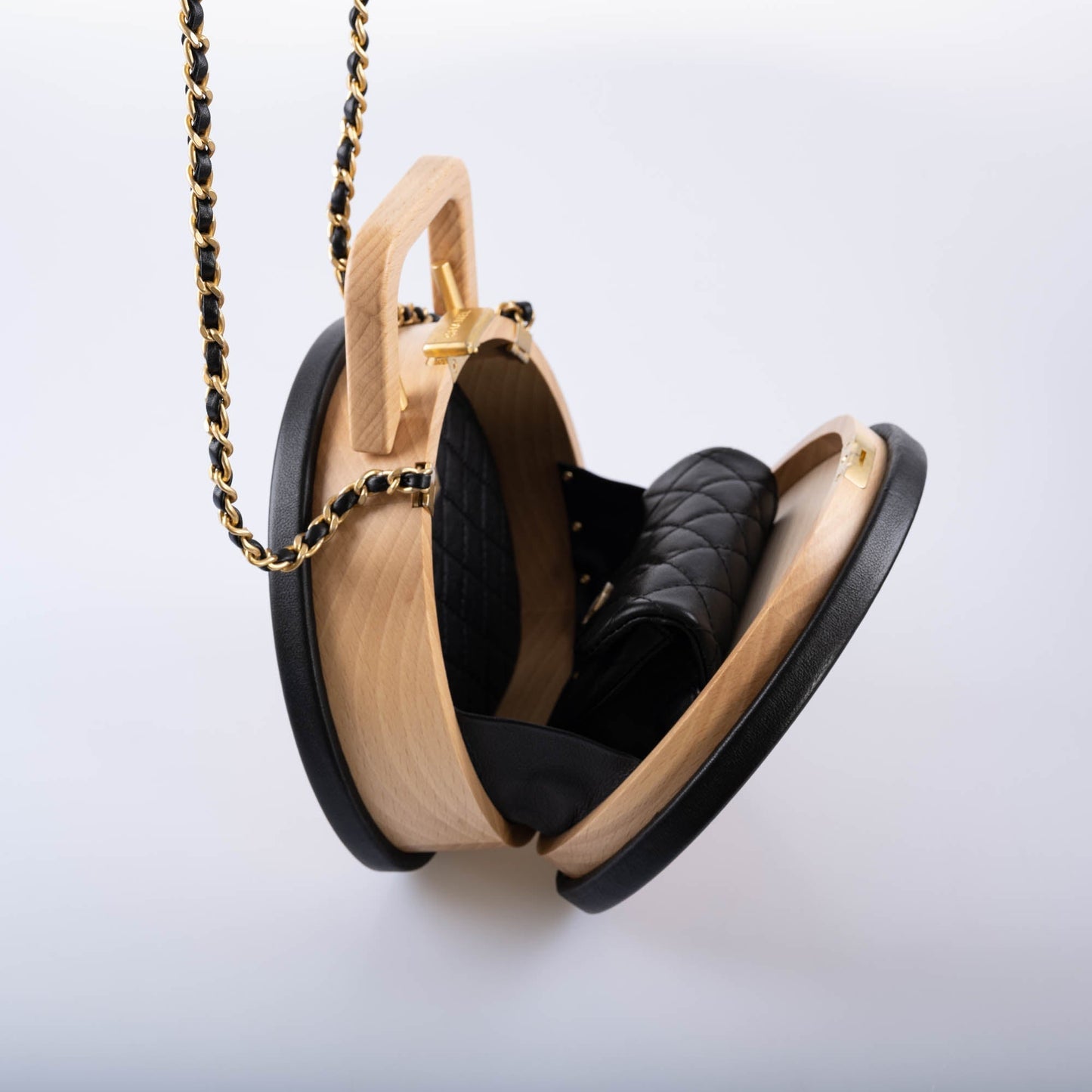 Chanel Round CC Vanity Case Beechwood and Black Lambskin Gold Hardware