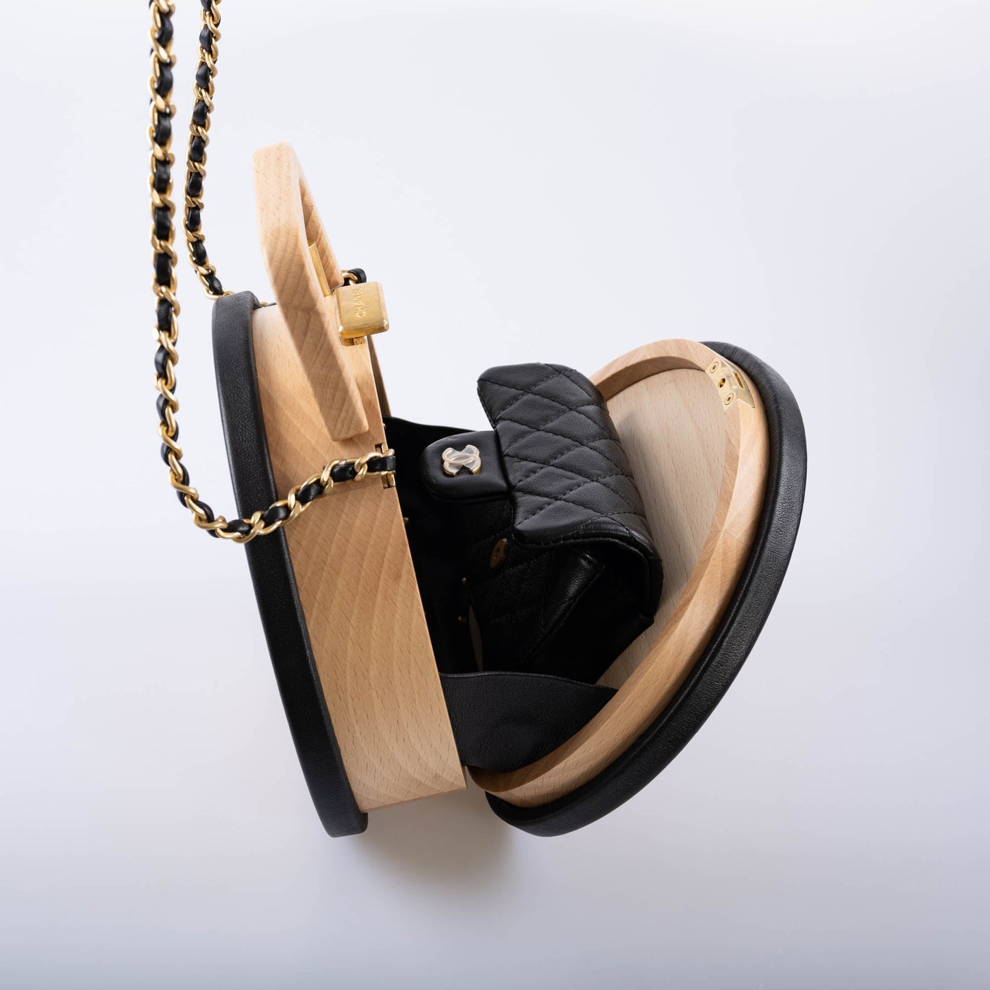 Chanel Round CC Vanity Case Beechwood and Black Lambskin Gold Hardware