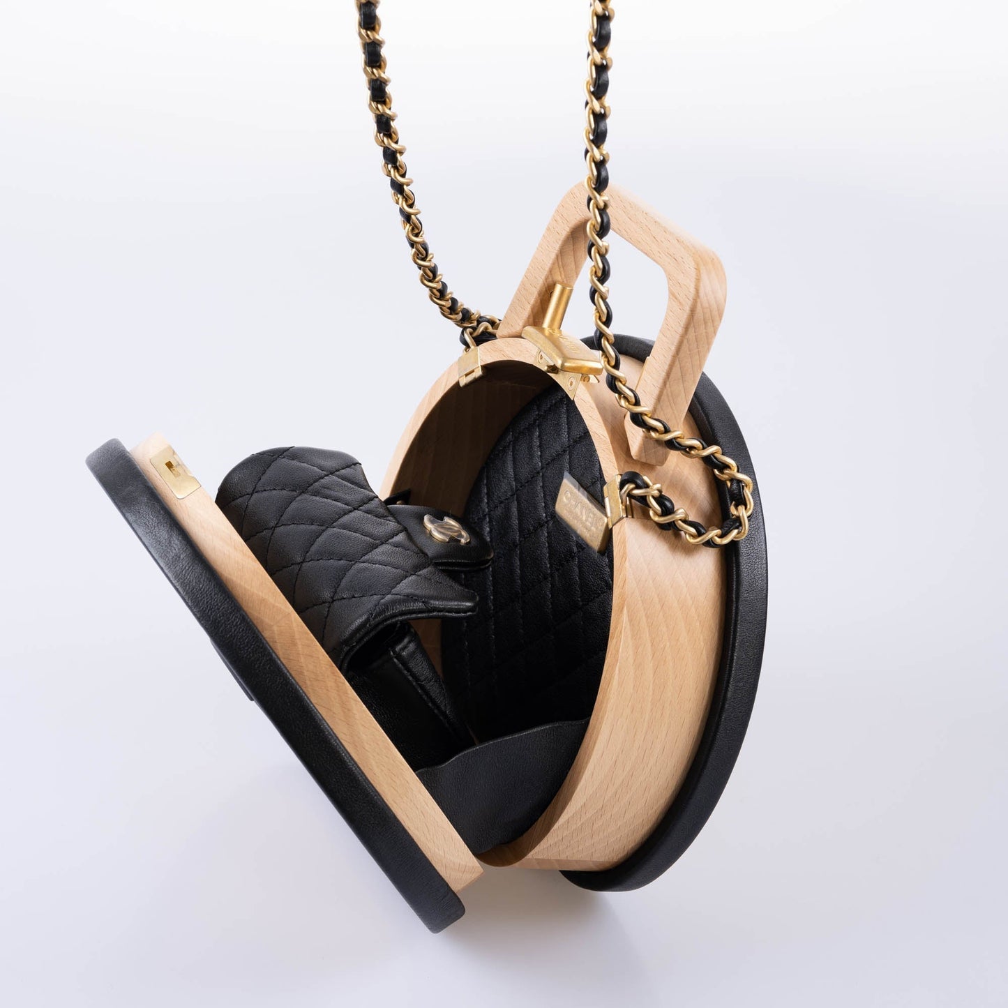 Chanel Round CC Vanity Case Beechwood and Black Lambskin Gold Hardware