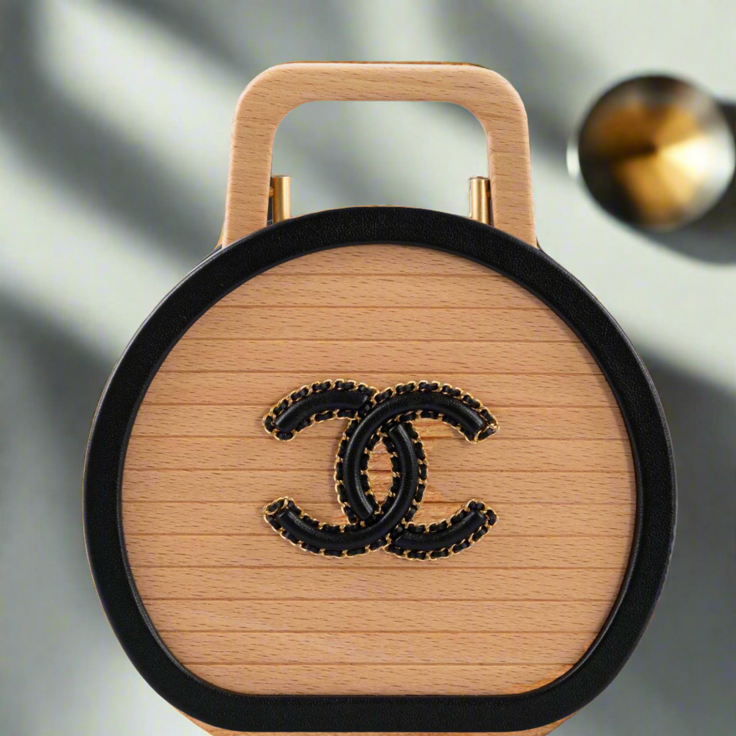 Chanel Round CC Vanity Case Beechwood and Black Lambskin Gold Hardware
