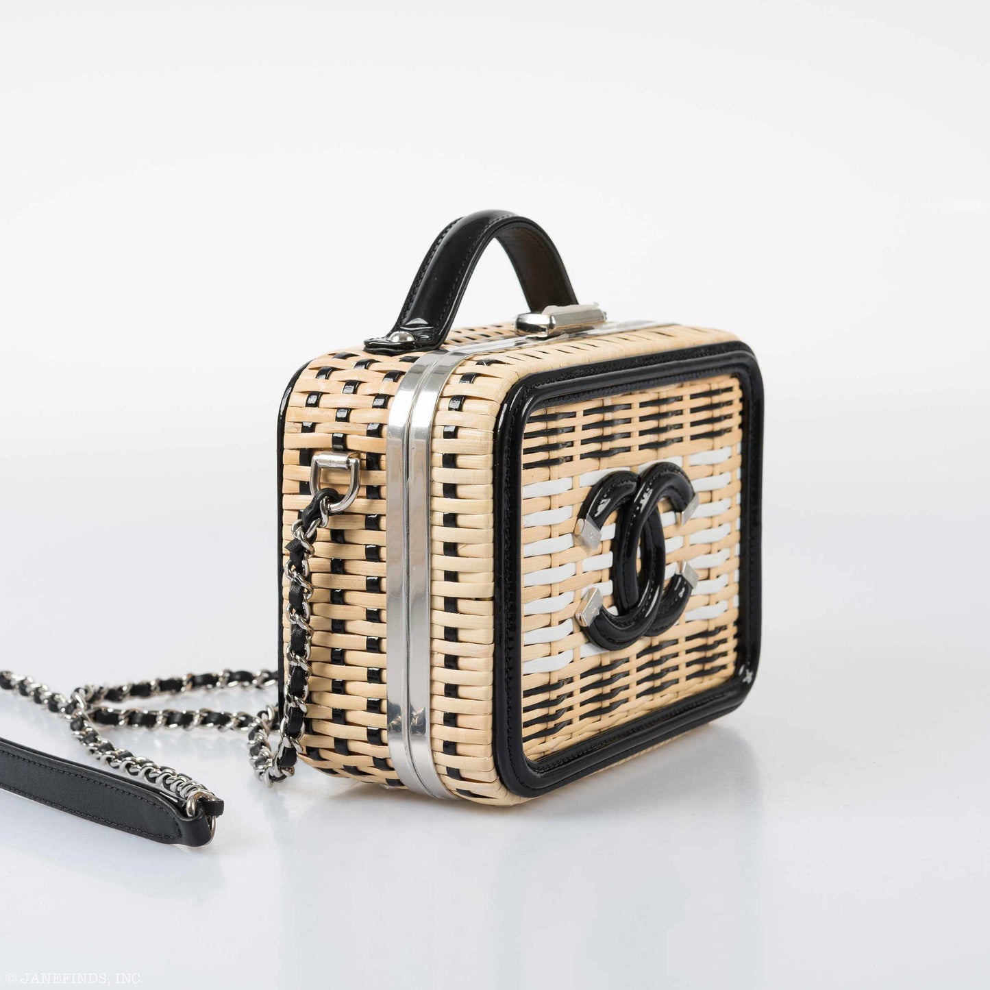 Chanel Vanity Case Black, Beige & White Rattan, Patent Calfskin & Silver-Tone Metal