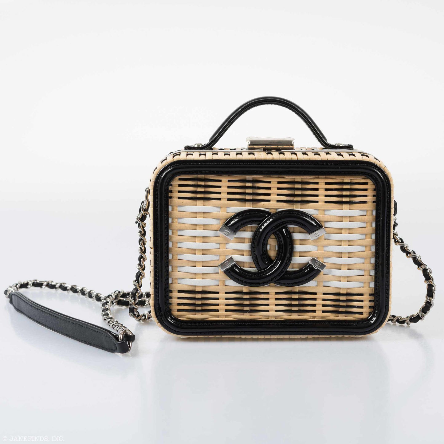 Chanel Vanity Case Black, Beige & White Rattan, Patent Calfskin & Silver-Tone Metal