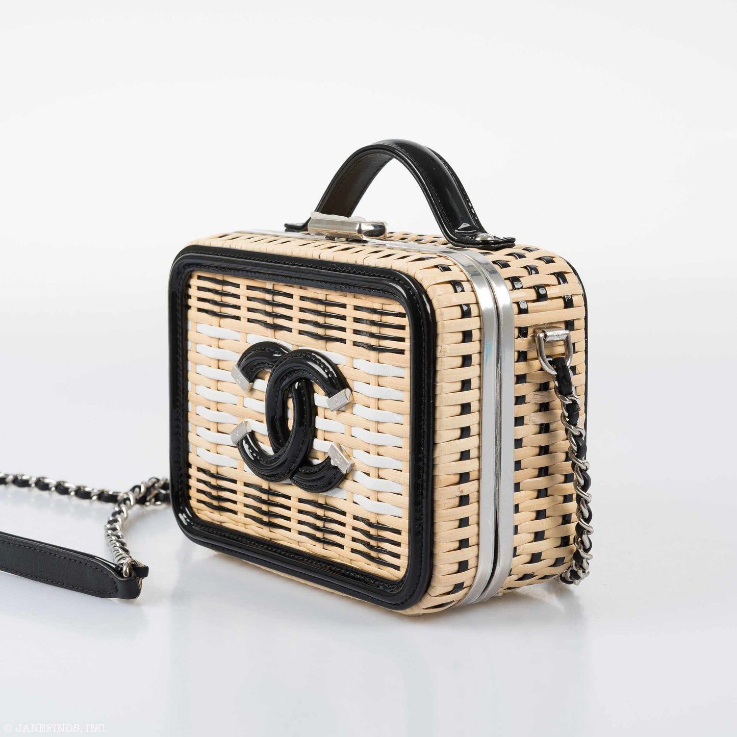 Chanel Vanity Case Black, Beige & White Rattan, Patent Calfskin & Silver-Tone Metal