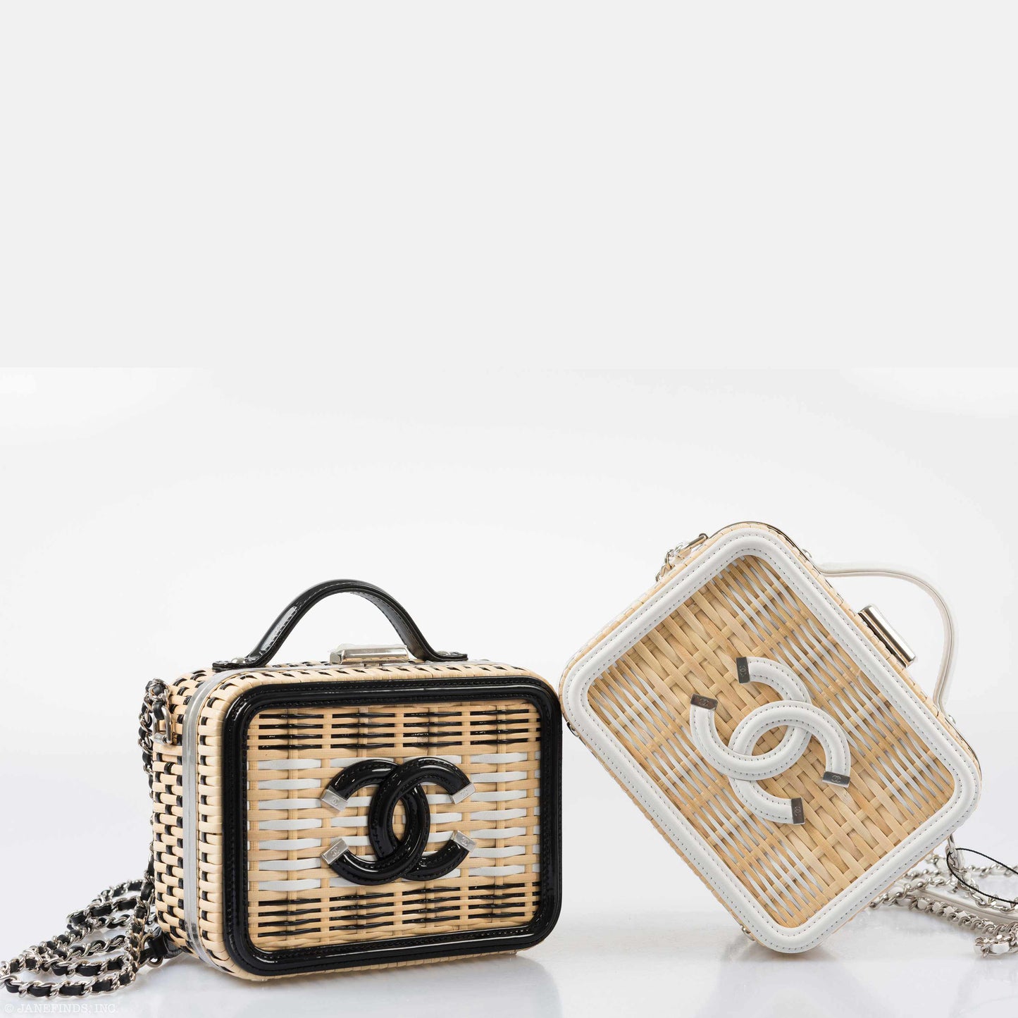 Chanel Vanity Case Black, Beige & White Rattan, Patent Calfskin & Silver-Tone Metal