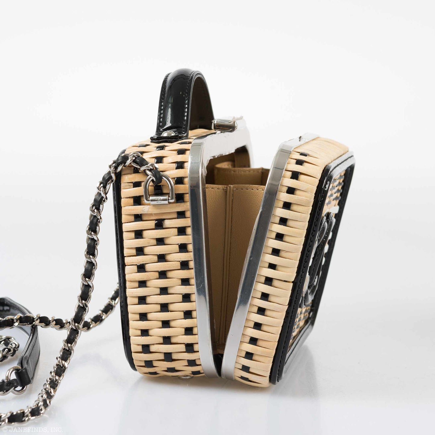 Chanel Vanity Case Black, Beige & White Rattan, Patent Calfskin & Silver-Tone Metal
