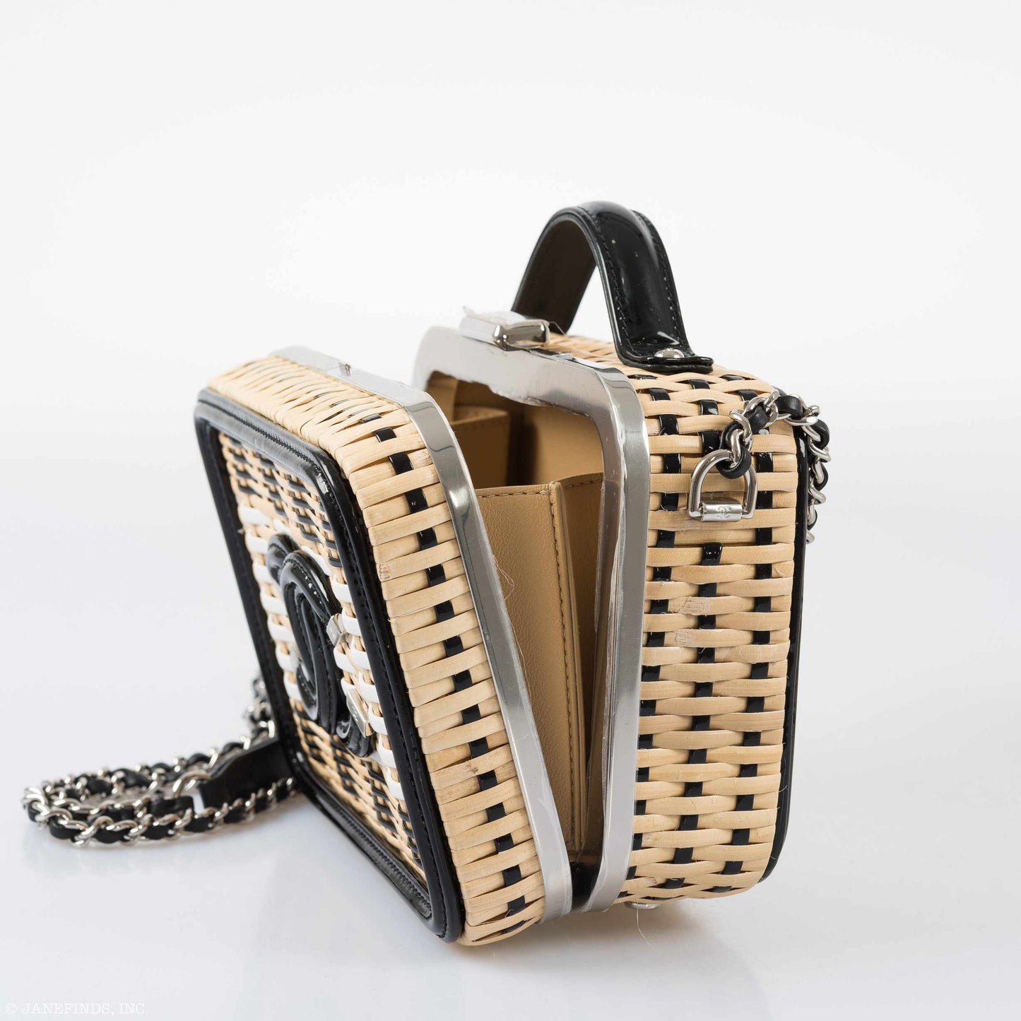 Chanel Vanity Case Black, Beige & White Rattan, Patent Calfskin & Silver-Tone Metal