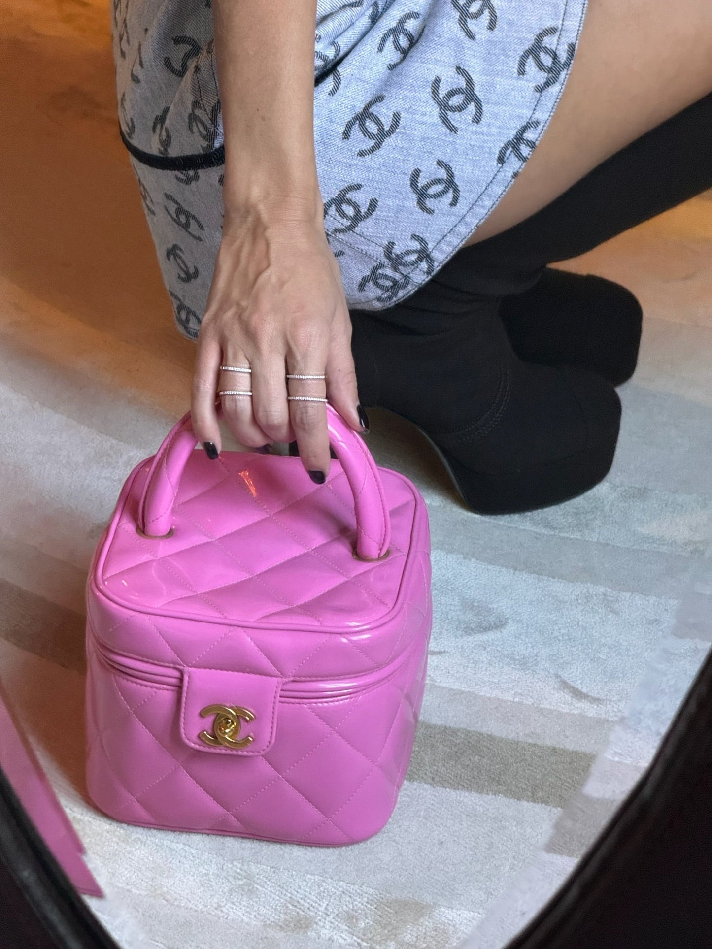 Chanel Vintage 1995 Barbie Collection Pink Heart Mirror Vanity Case and Bag