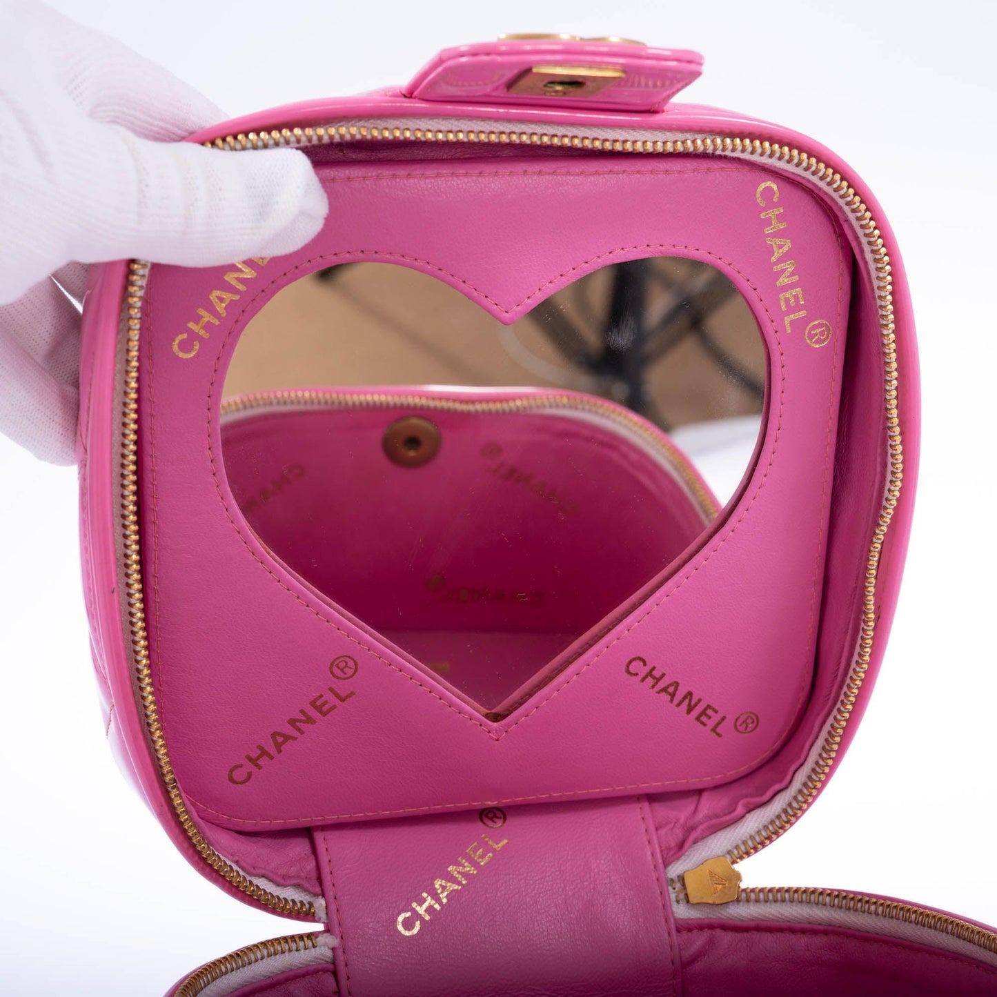 Chanel Vintage 1995 Barbie Collection Pink Heart Mirror Vanity Case and Bag