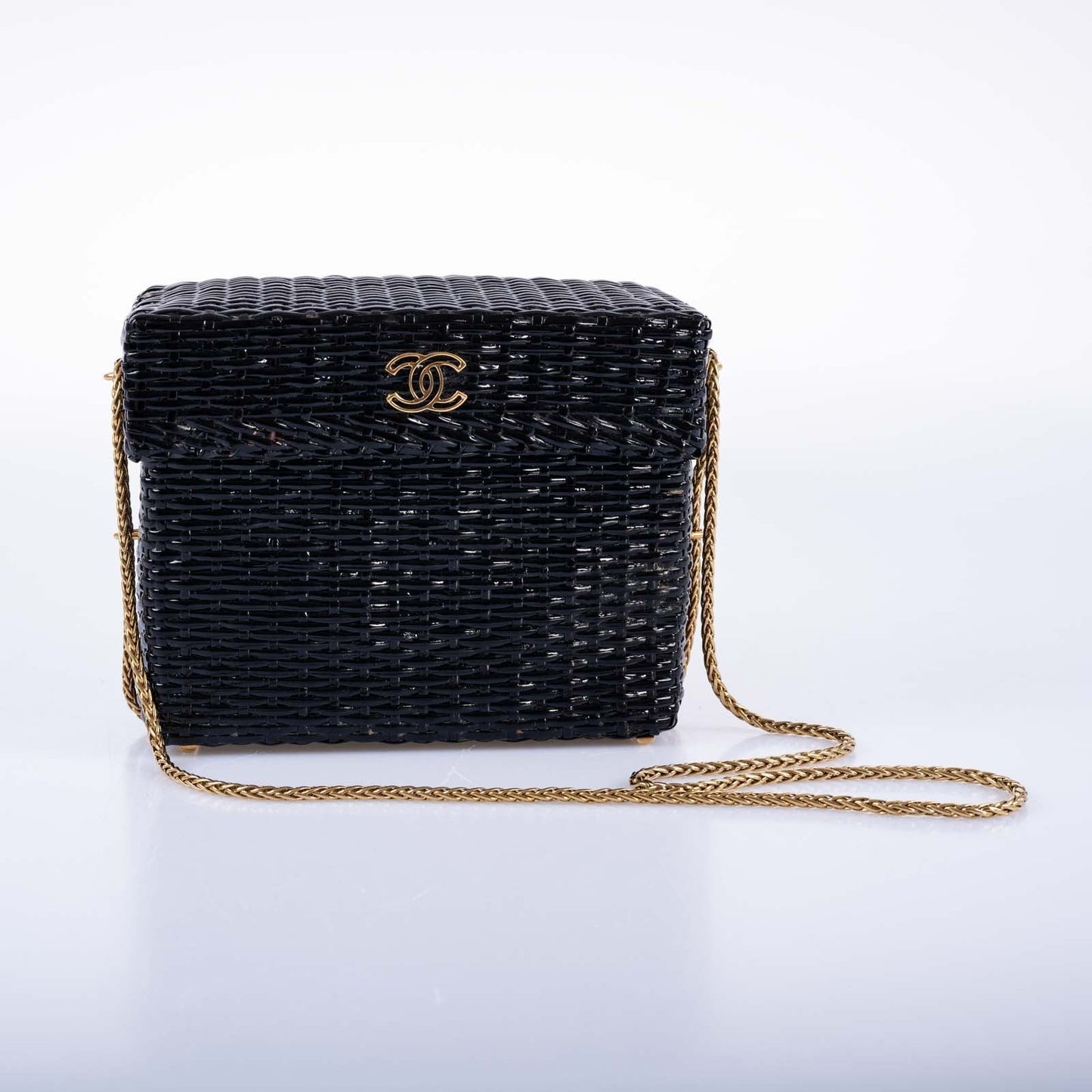 Chanel Vintage Black Wicker CC Picnic Lunch Basket Box Bag Gold Hardware
