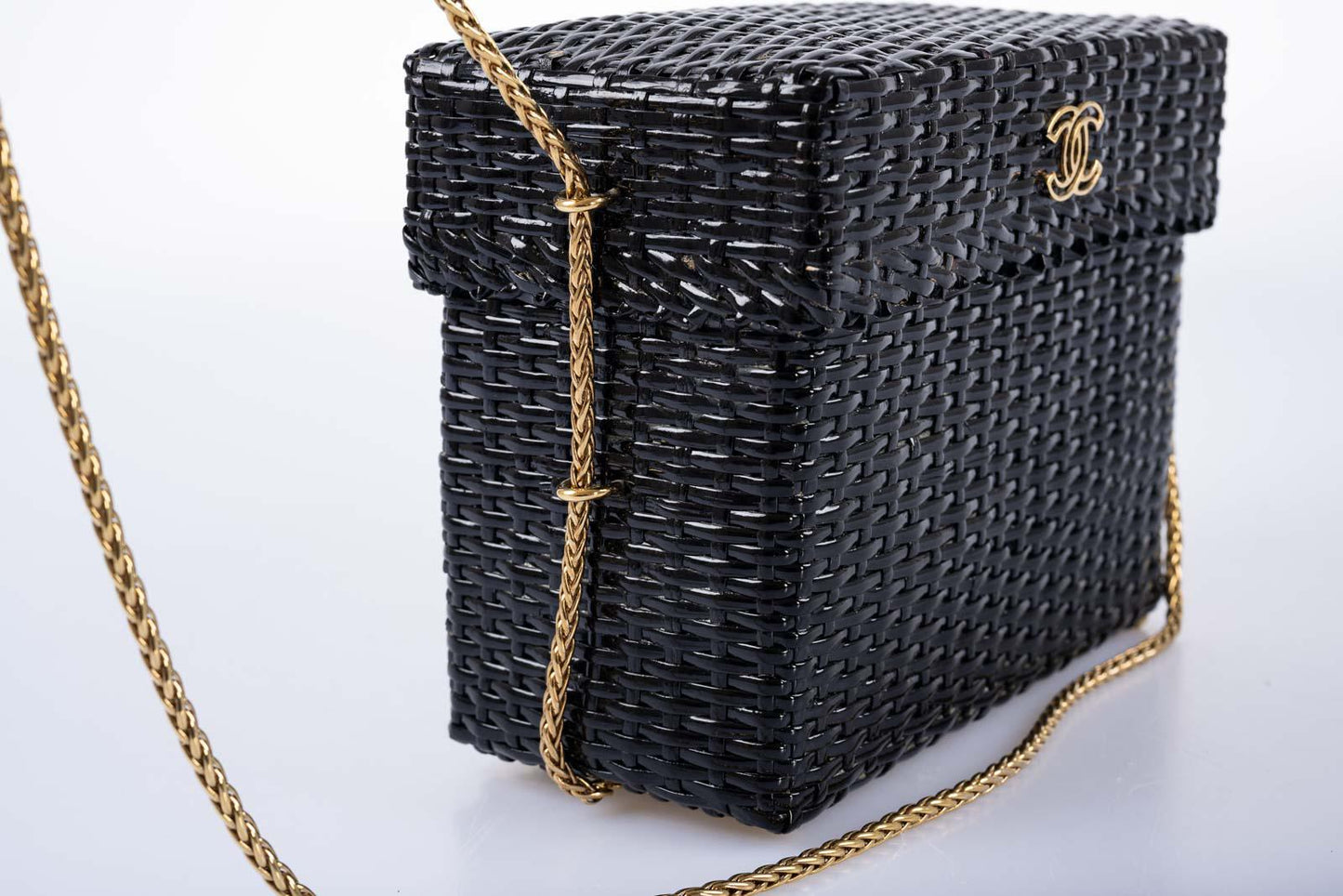 Chanel Vintage Black Wicker CC Picnic Lunch Basket Box Bag Gold Hardware