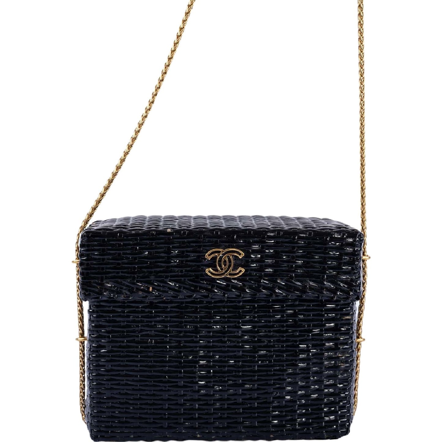 Chanel Vintage Black Wicker CC Picnic Lunch Basket Box Bag Gold Hardware