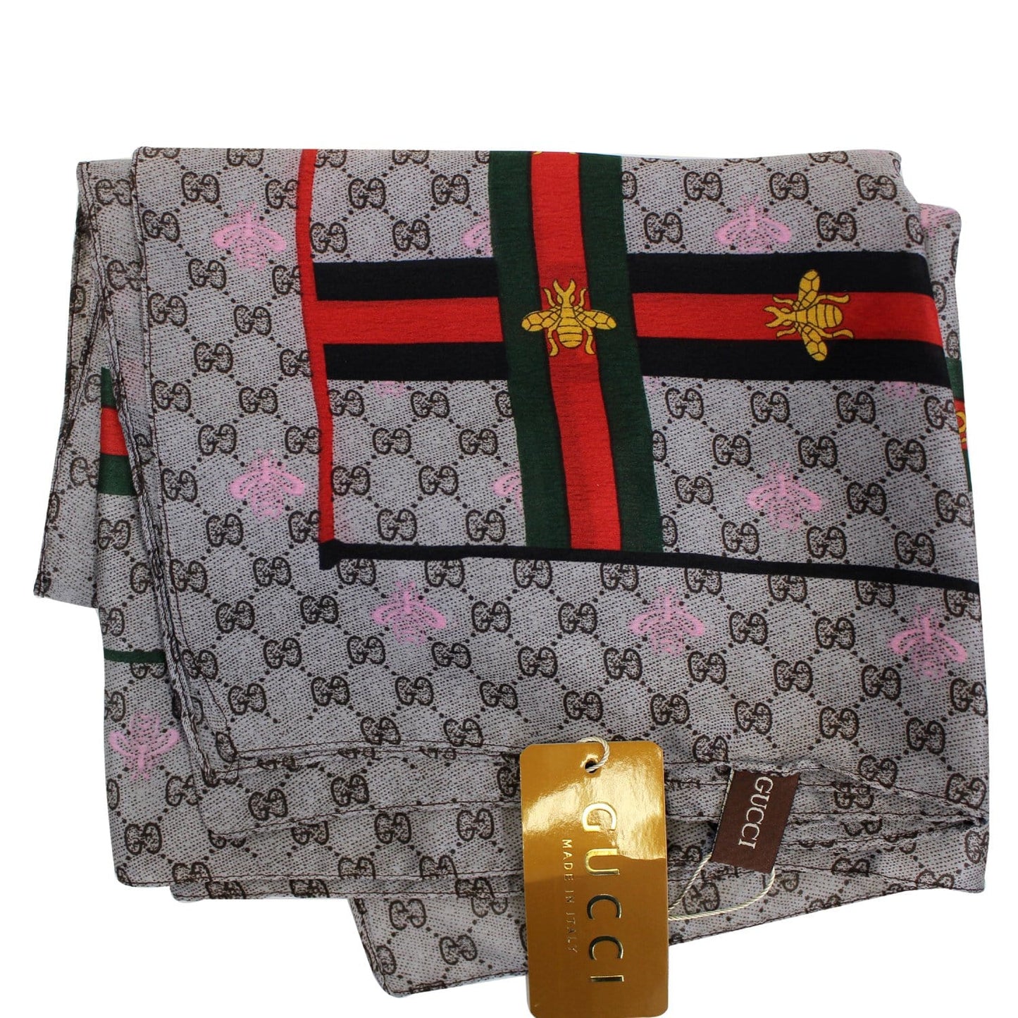 GUCCI GG Web Bee Silk Scarf Beige