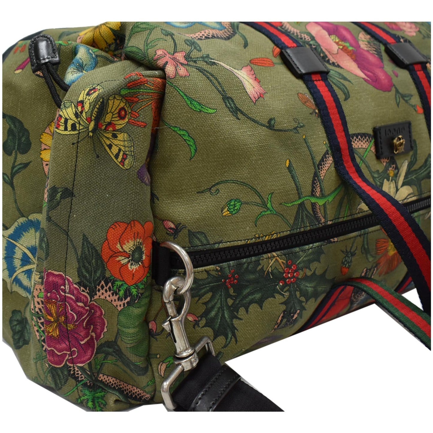 GUCCI Floral Animal Canvas Web Duffel Travel Bag Khaki Green 450983