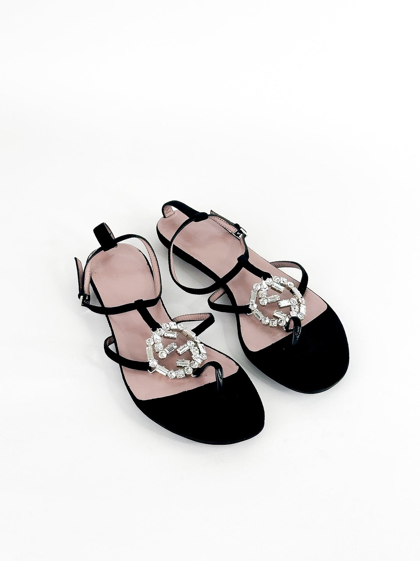 Gucci Black Suede GG Interlocking Crystal Embellished Flat Sandals Size 37