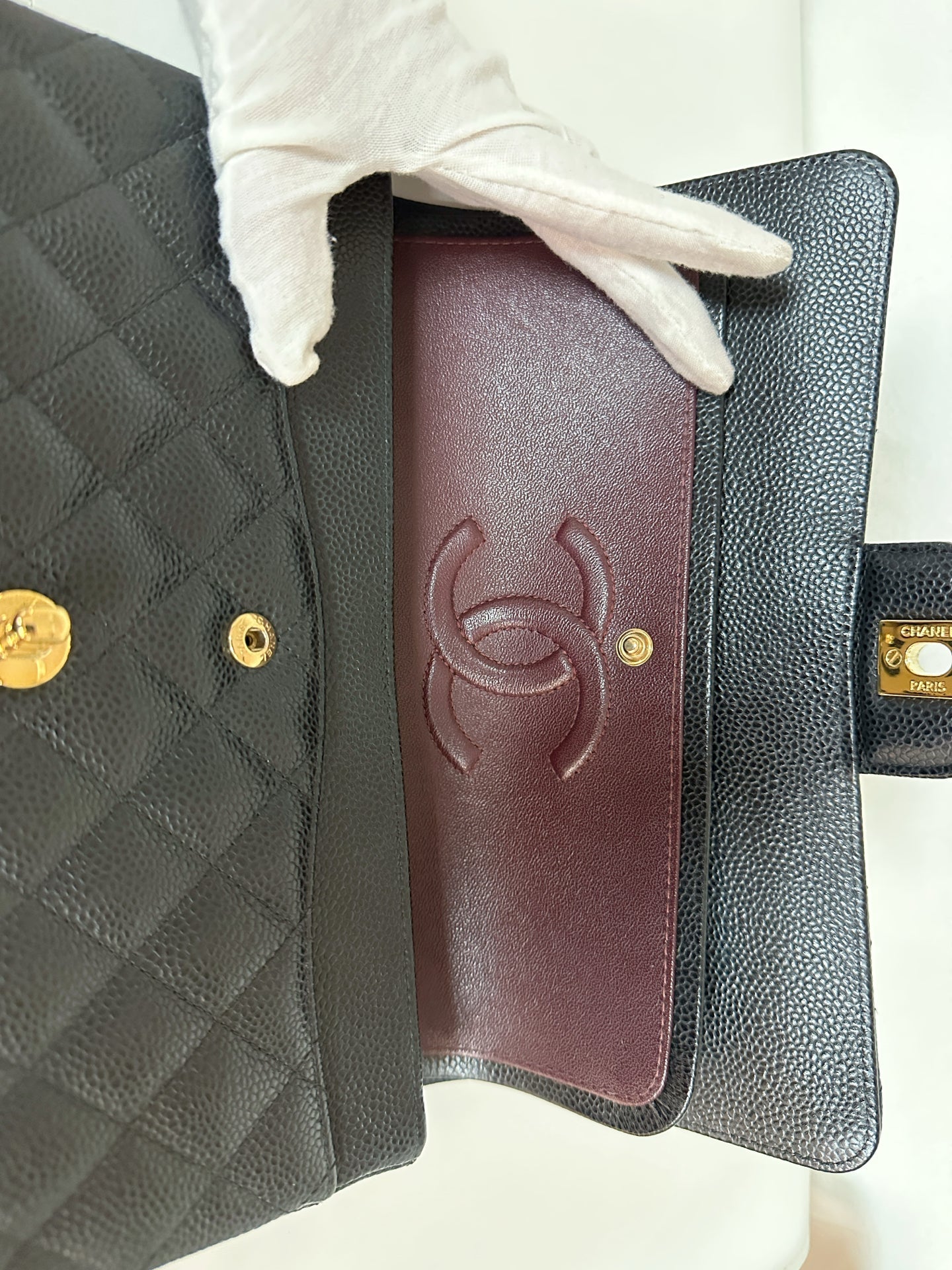 Chanel Medium Size Classic Quilted Caviar Double Flap Bag Black 3022 holo card