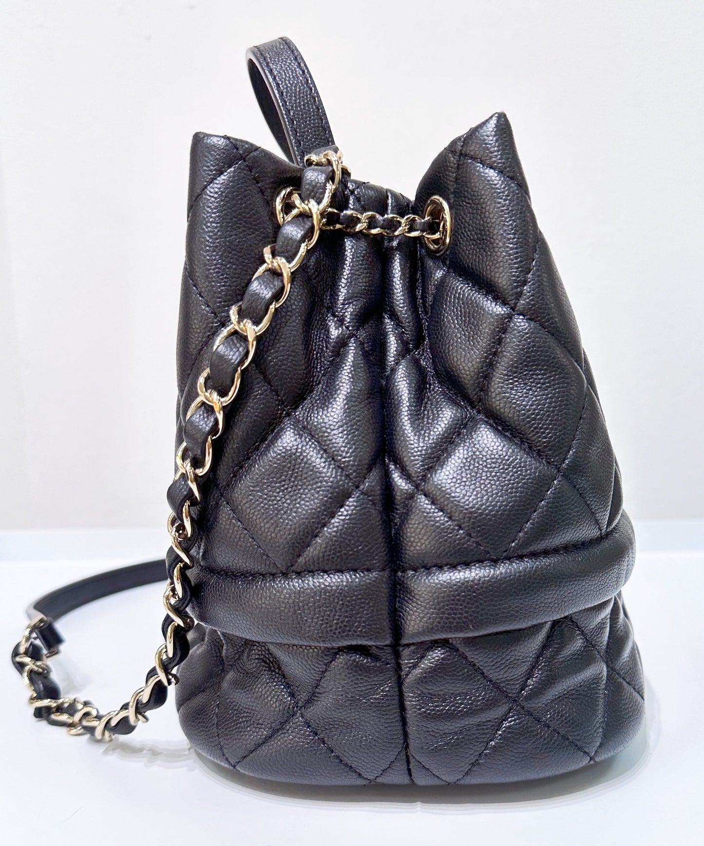 CHANEL Caviar Quilted Rolled Up Bucket Drawstring Bag Black
