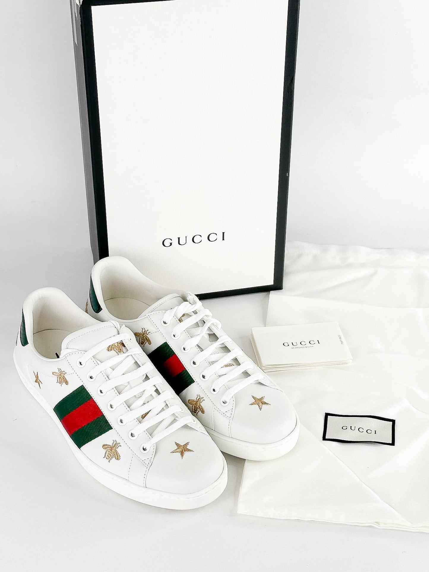 Gucci White Bee & Star New Ace Sneakers Size Mens 8.5 / Womens 10.5-11