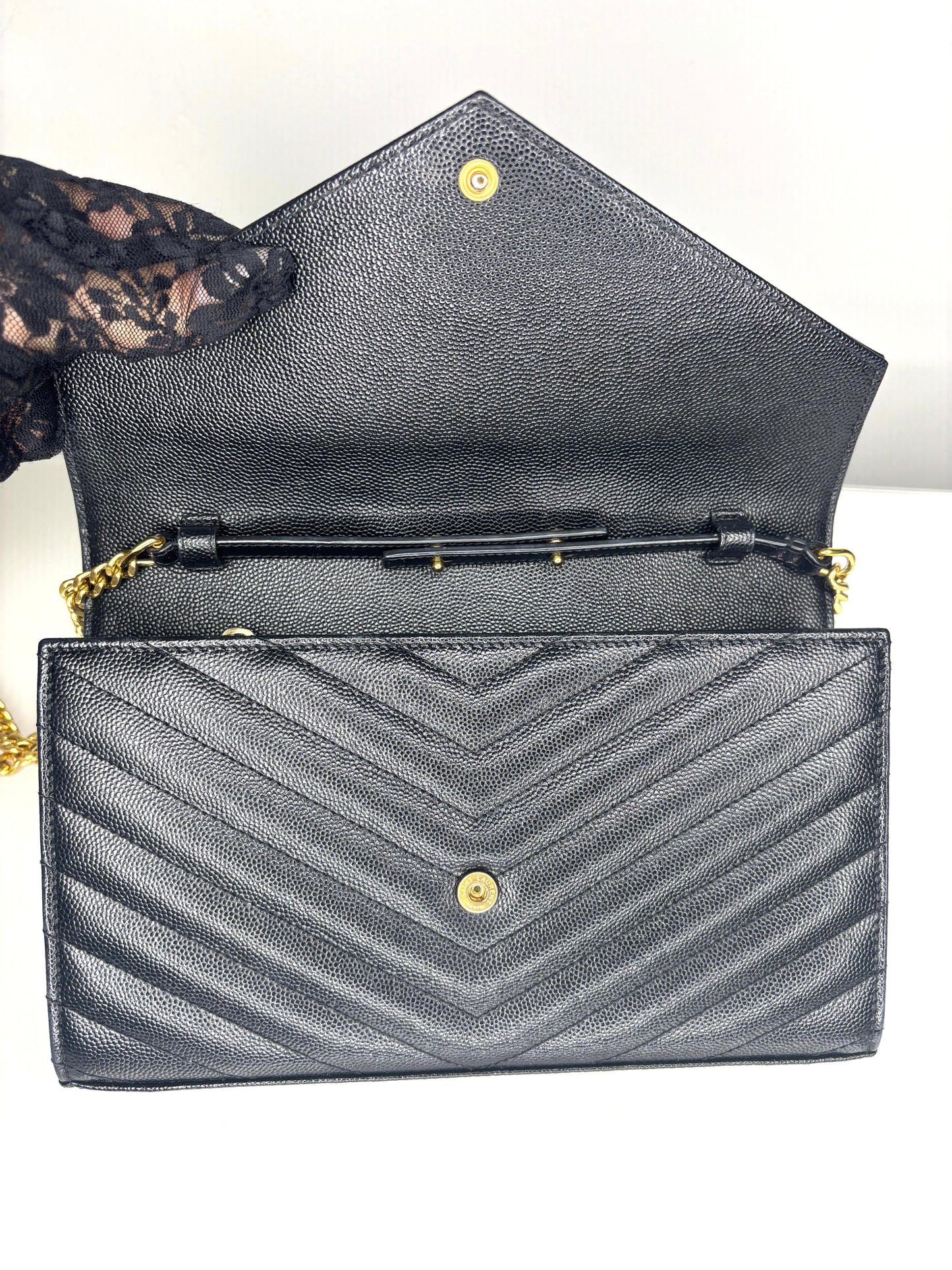 Saint Laurent Preloved YSL Cassandre Black Grain De Poudre Chain Wallet Cross-Body Bag