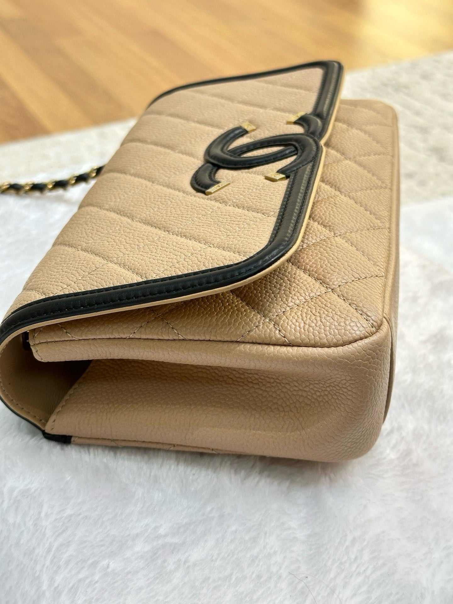 Chanel Small Caviar Quilted CC Filigree Flap Beige Black GHW