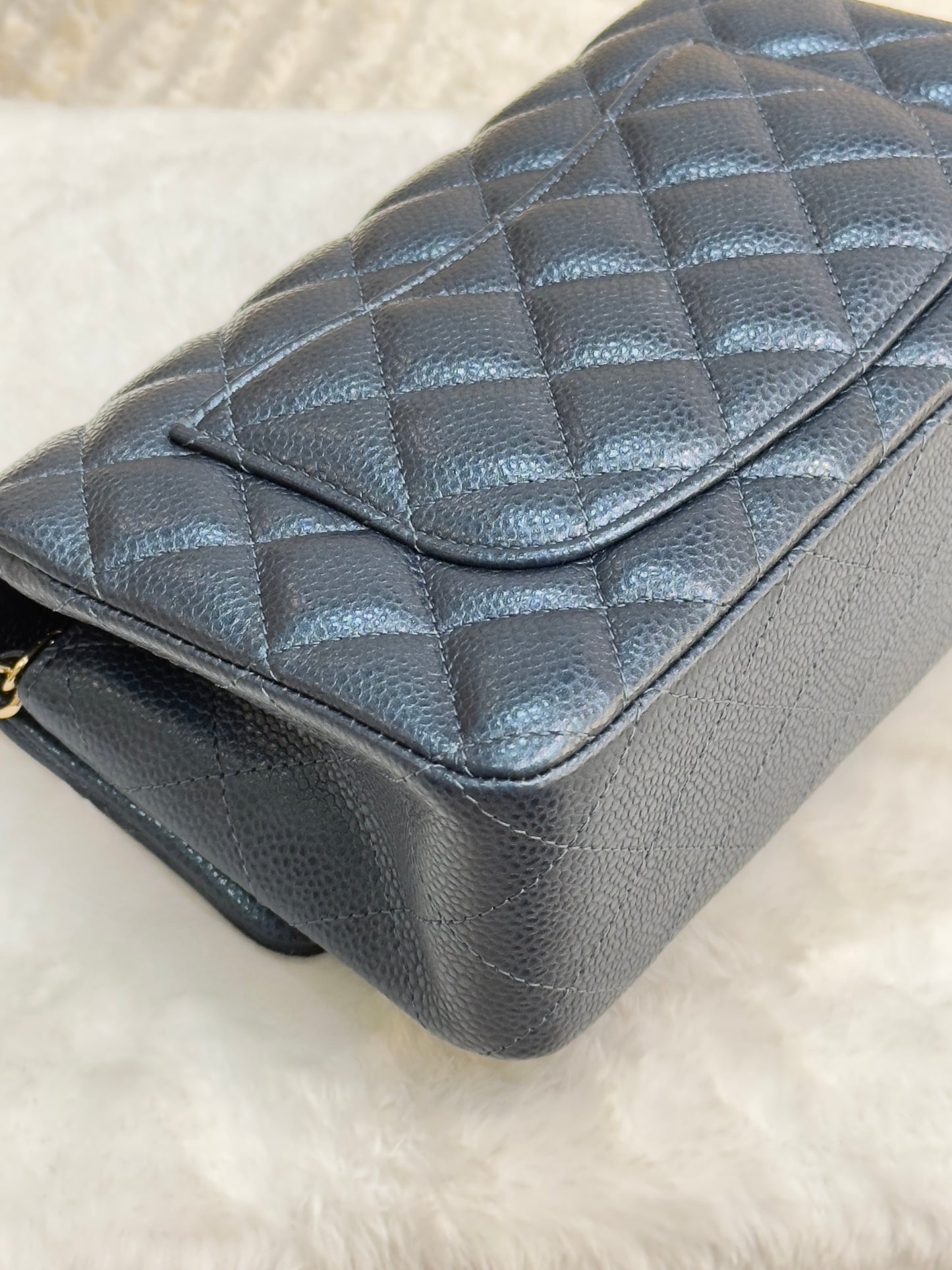 CHANEL Pearly Caviar Quilted Mini Rectangular Flap Navy Blue 18S