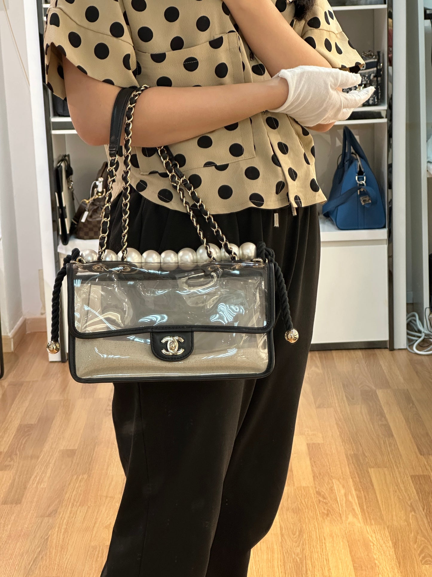Chanel Medium Lambskin CoCo Sand PVC Sand By The Sea Flap With Pearl Strap Black 2745 holo card